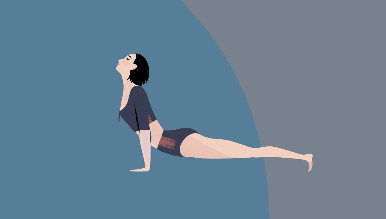 An illustration of a woman holding a yoga pose, wearing a cropped top and bottoms from the Make Space yoga collection.