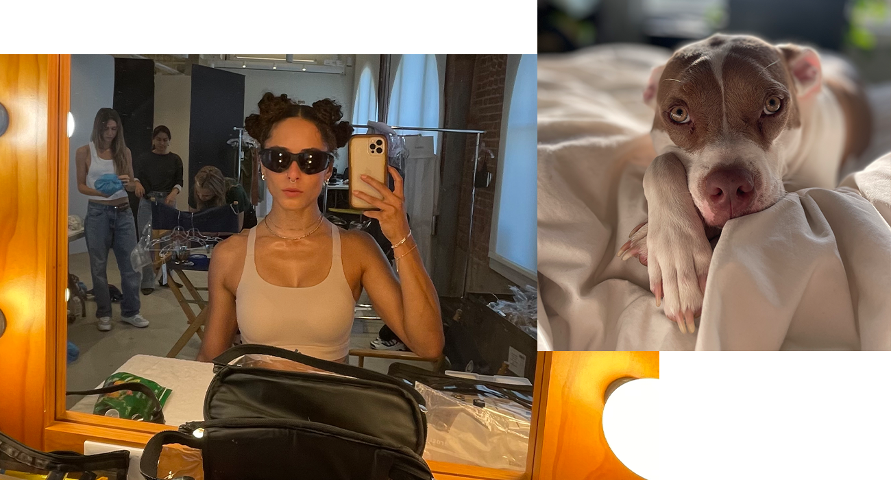 Collage of Francheska posing in mirror with sunglasses on and of her dog.
