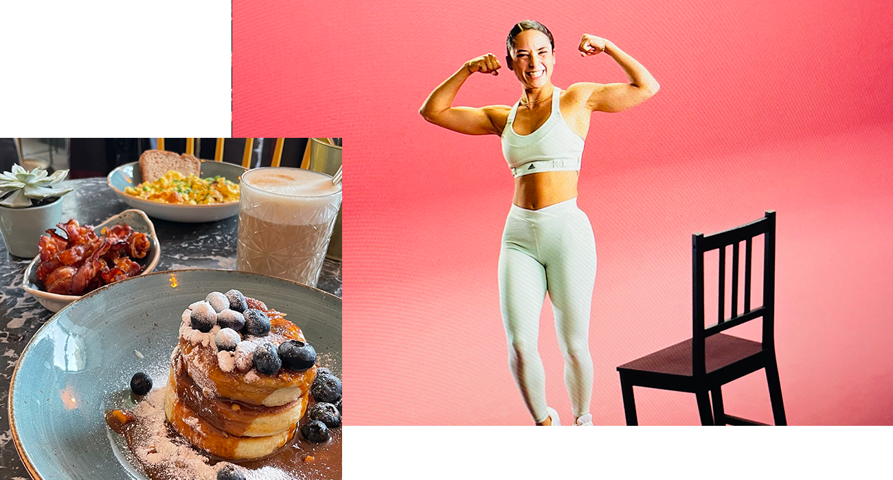 Collage of plate of pancakes and of Francheska flexing her arms by a chair.