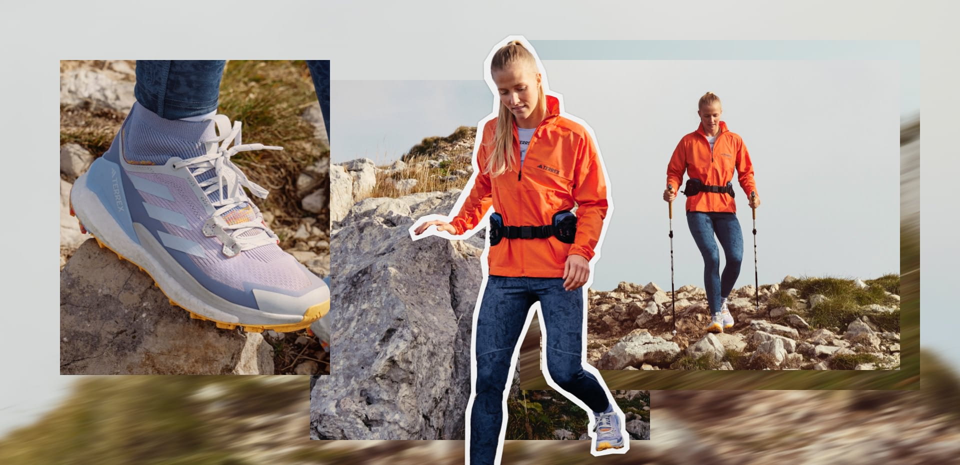 Collage: two action shots of a female hiker and a close-up of TERREX Free Hiker 2.0