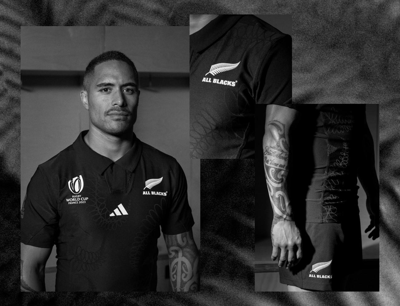 Aaron Smith wearing the new All Blacks jersey. Detail of the French designer Fey the Wolf fern design on the Jersey.