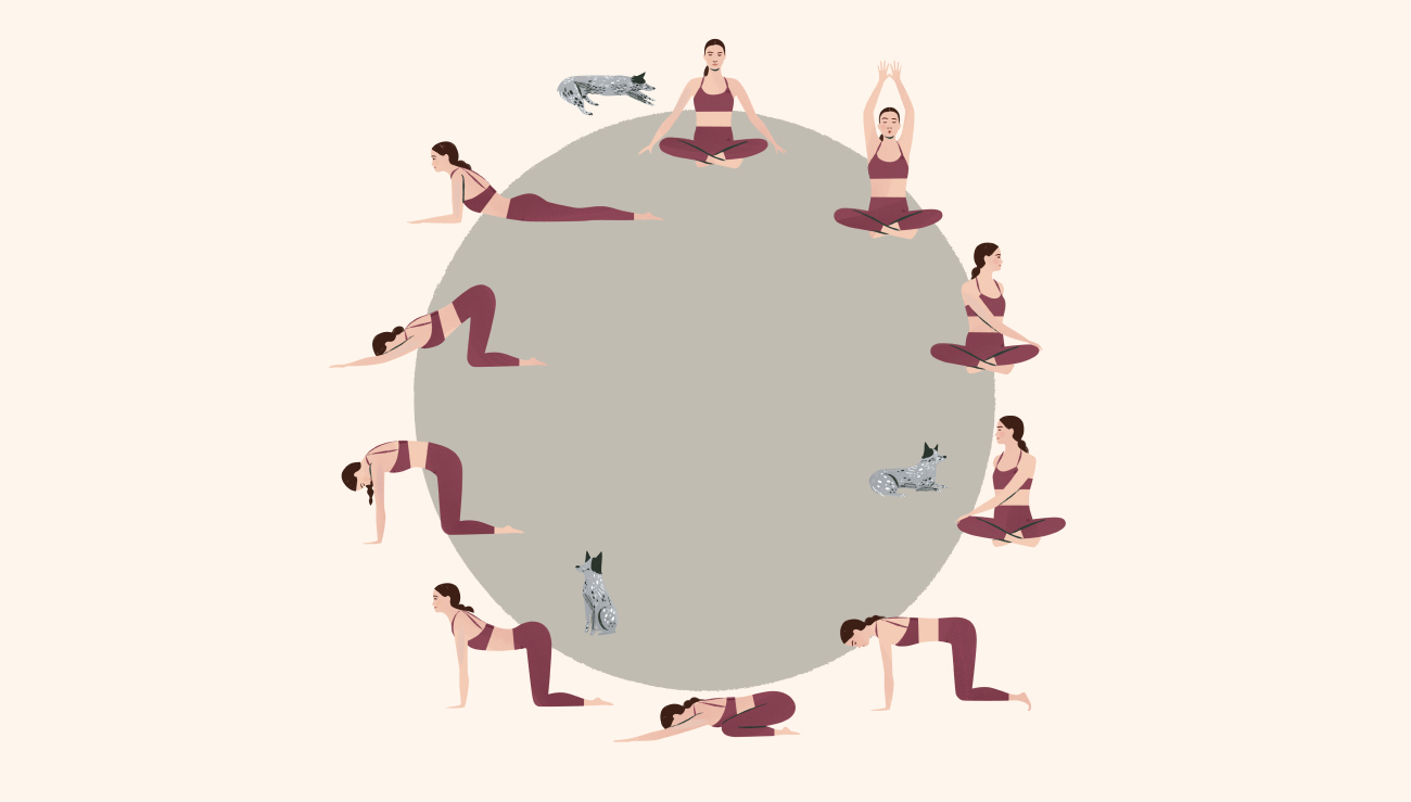 bodyimage3-d A flow illustration of yoga teacher Adriene Mishler in 10 poses, wearing the collection's Earth outfit of matching sports bra and leggings.