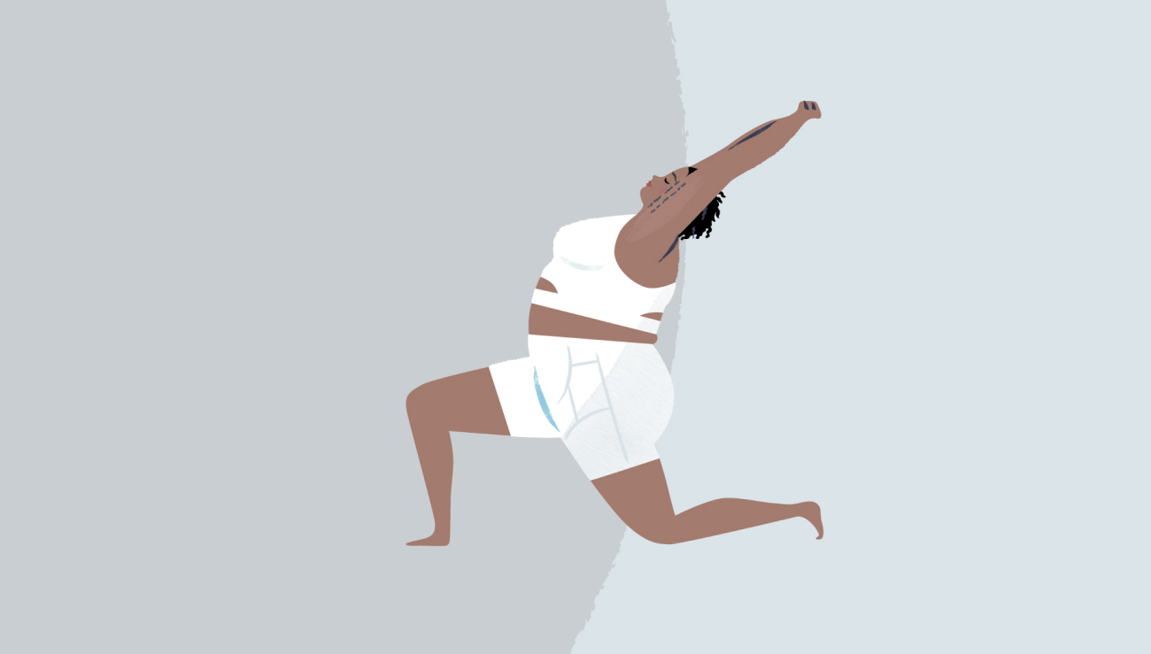 bodyimage7-d An illustration of a woman holding a yoga pose, wearing a sports bra and shorts look from the Make Space yoga collection.