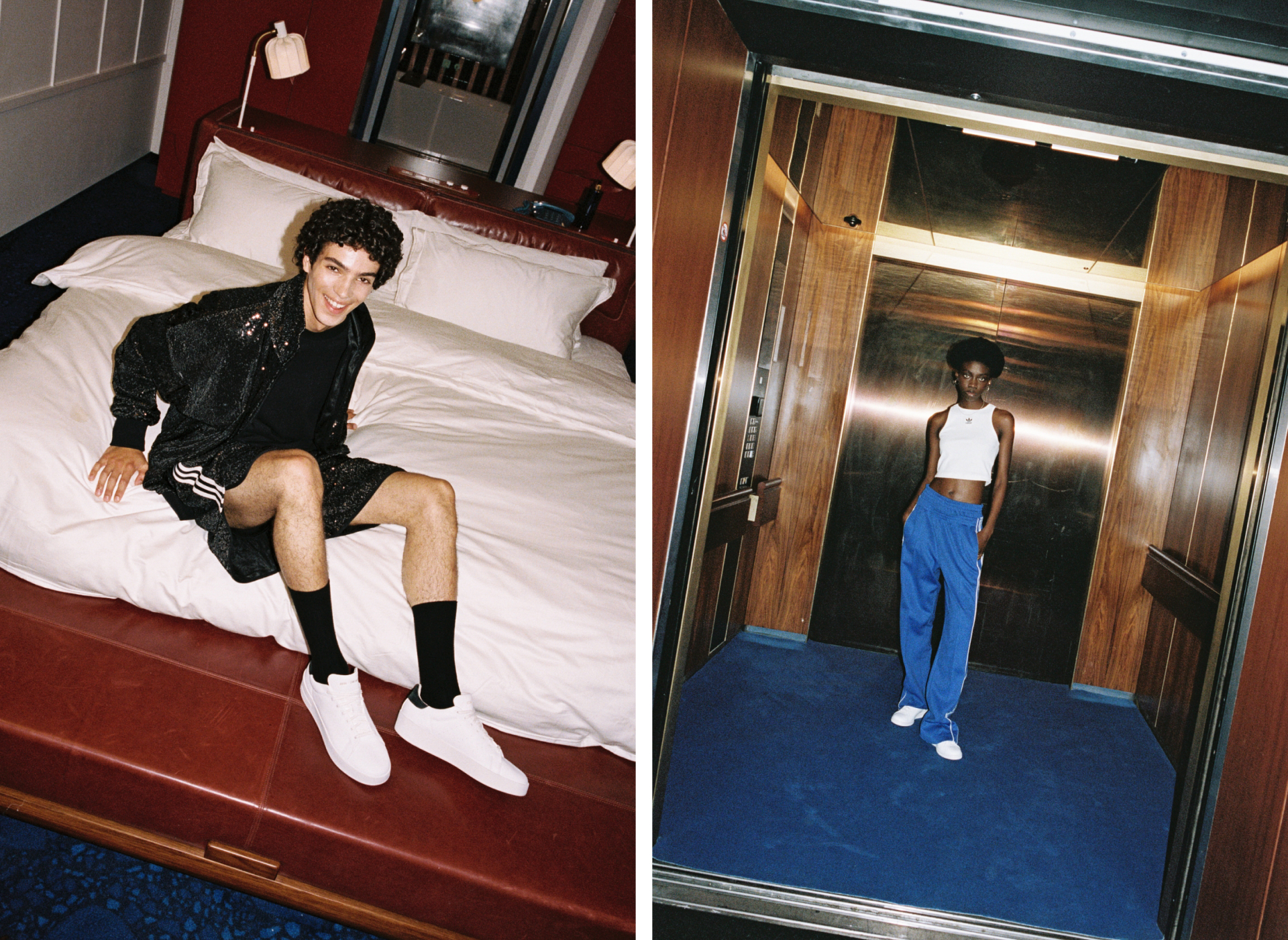 Two images, one of a male model sitting in a hotel room wearing the Blue Version collection jacket and shorts, with Stan Smiths. A girl wearing the Blue Version collection stands in an elevator in the second image.