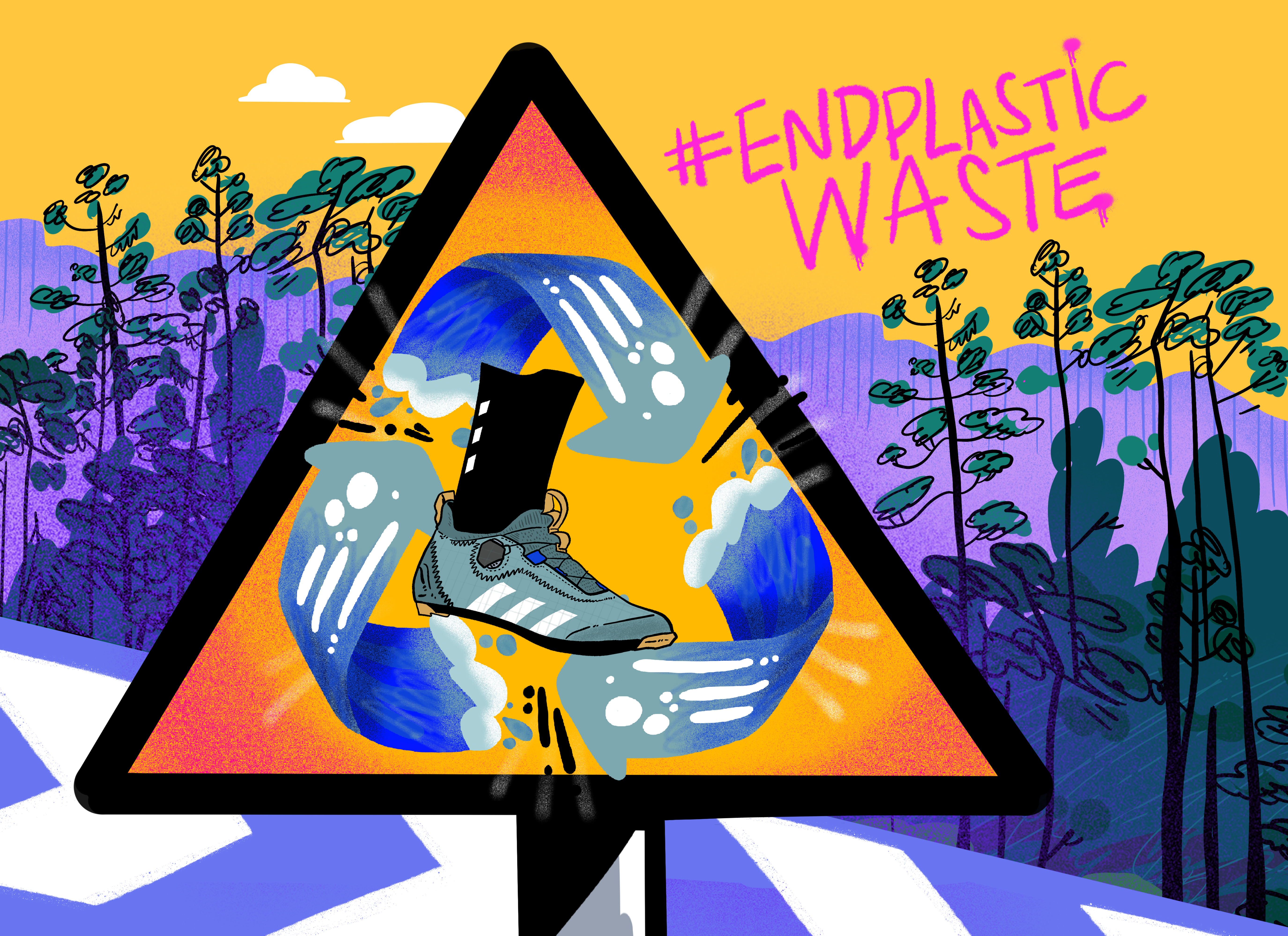 Ilustración a color de una señal de tráfico con un símbolo de reciclaje y una zapatilla de ciclismo azul
