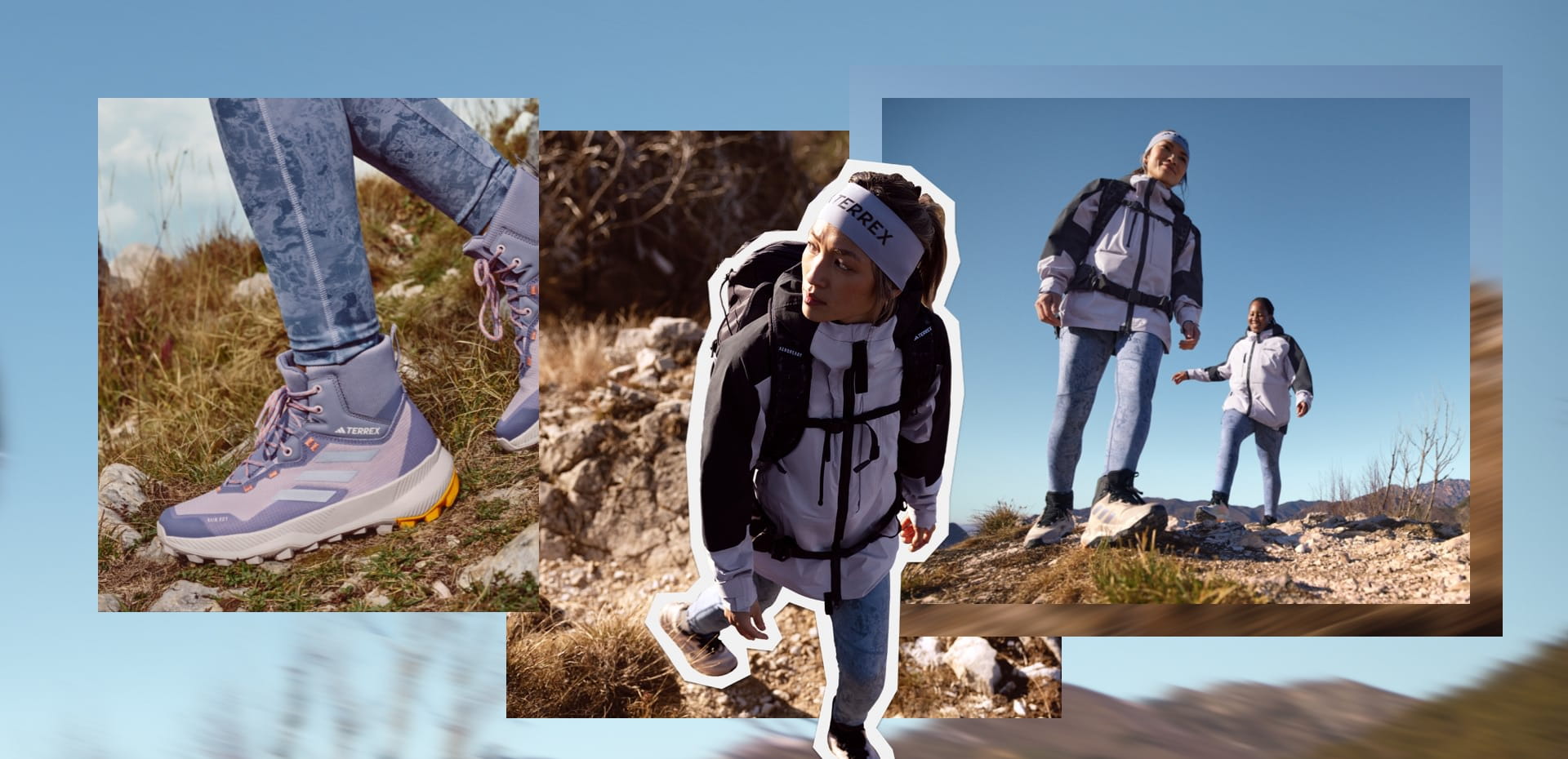 Dos mujeres con ropa de montaña y las zapatillas de senderismo TERREX WMN RAIN.RDY