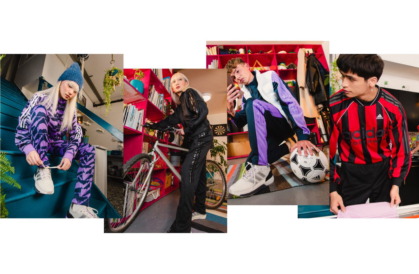 sportswear-SS23-global-launch-sportswear-blogpost-image2-d Ragazza che indossa una tuta adidas viola seduta sulle scale, mentre allaccia le sue sneaker. Ragazza in posa che tiene una bicicletta e indossa una tuta adidas. Ragazzo in tuta adidas accosciato con un pallone da calcio, in posa per un selfie. Ragazzo che indossa una maglia da calcio adidas e non guarda nell'obiettivo, mentre ripiega un asciugamano.
