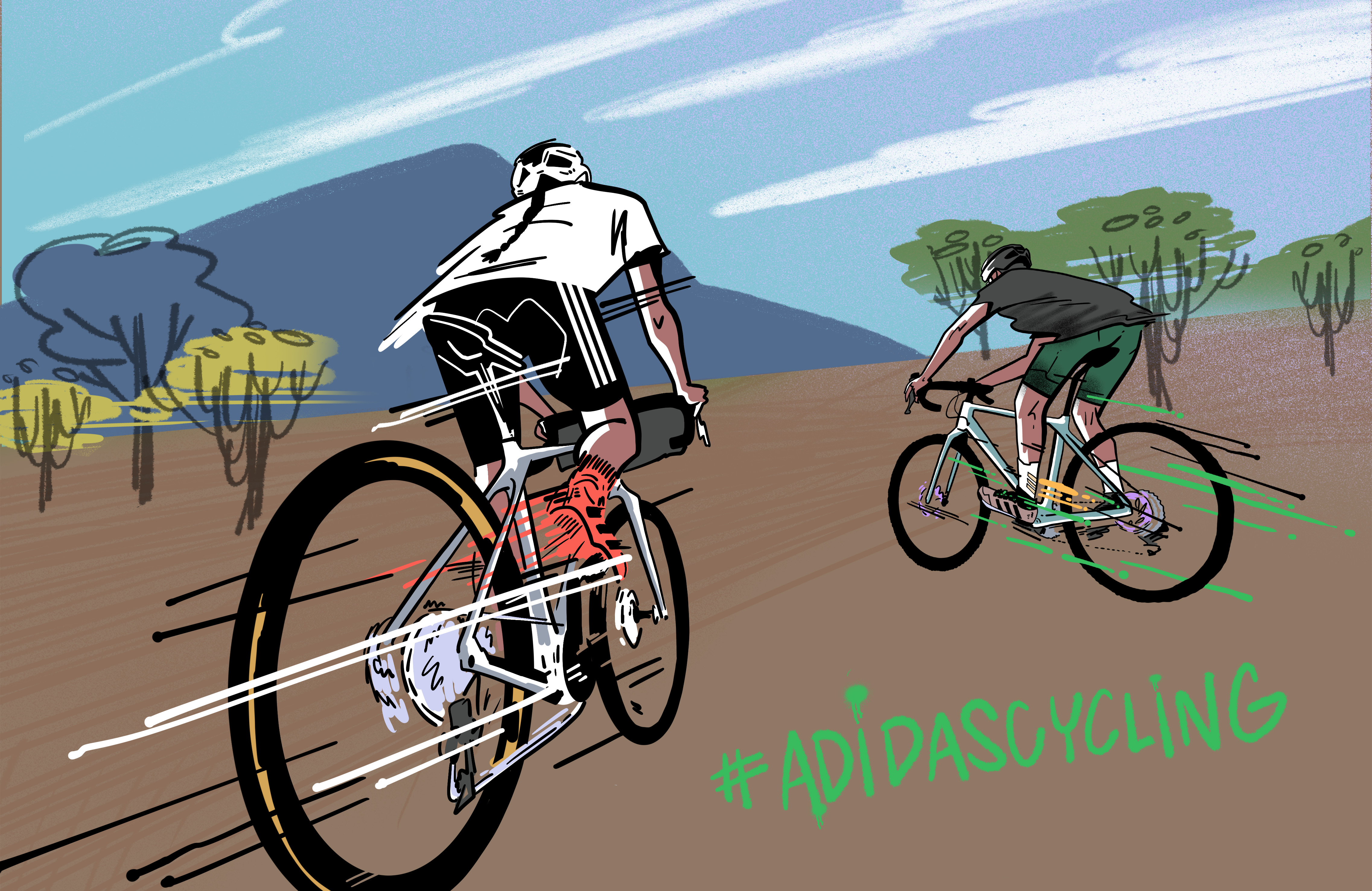 Een kleurrijke illustratie van een fietser die hard voor een vulkaan langs rijdt
