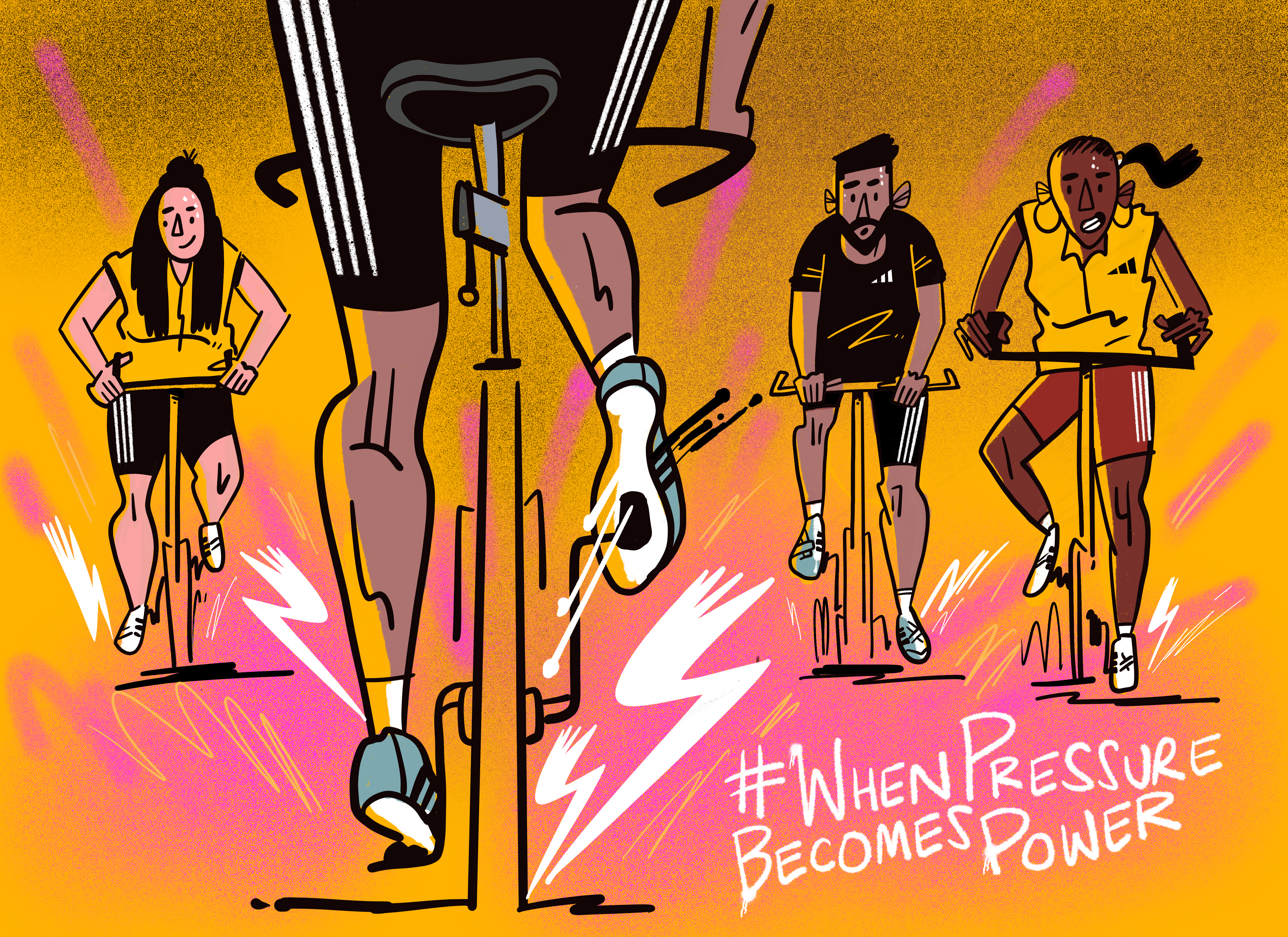 Een kleurrijke illustratie van drie mensen op spinningfietsen met