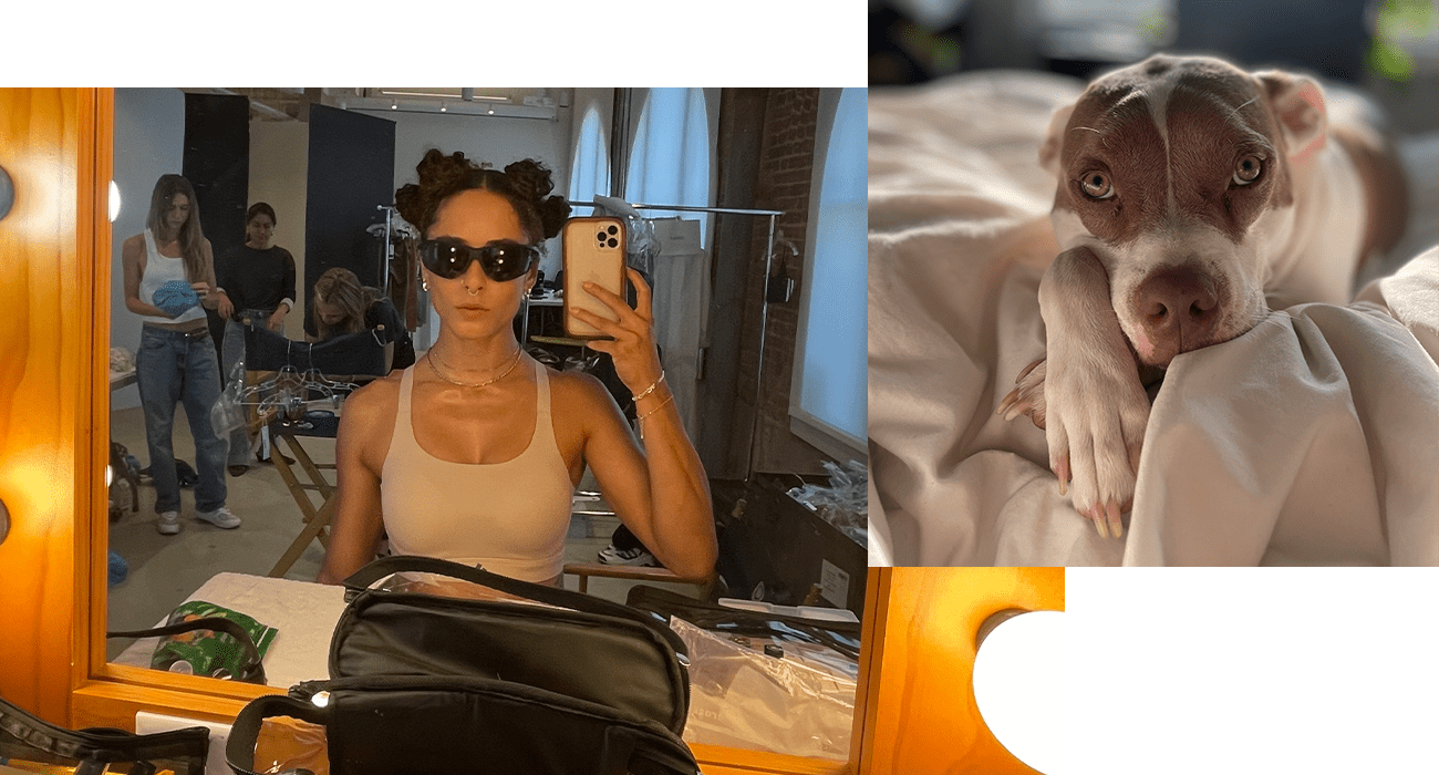 Collage: Francheska mit Sonnenbrille vor dem Spiegel und ihr Hund.