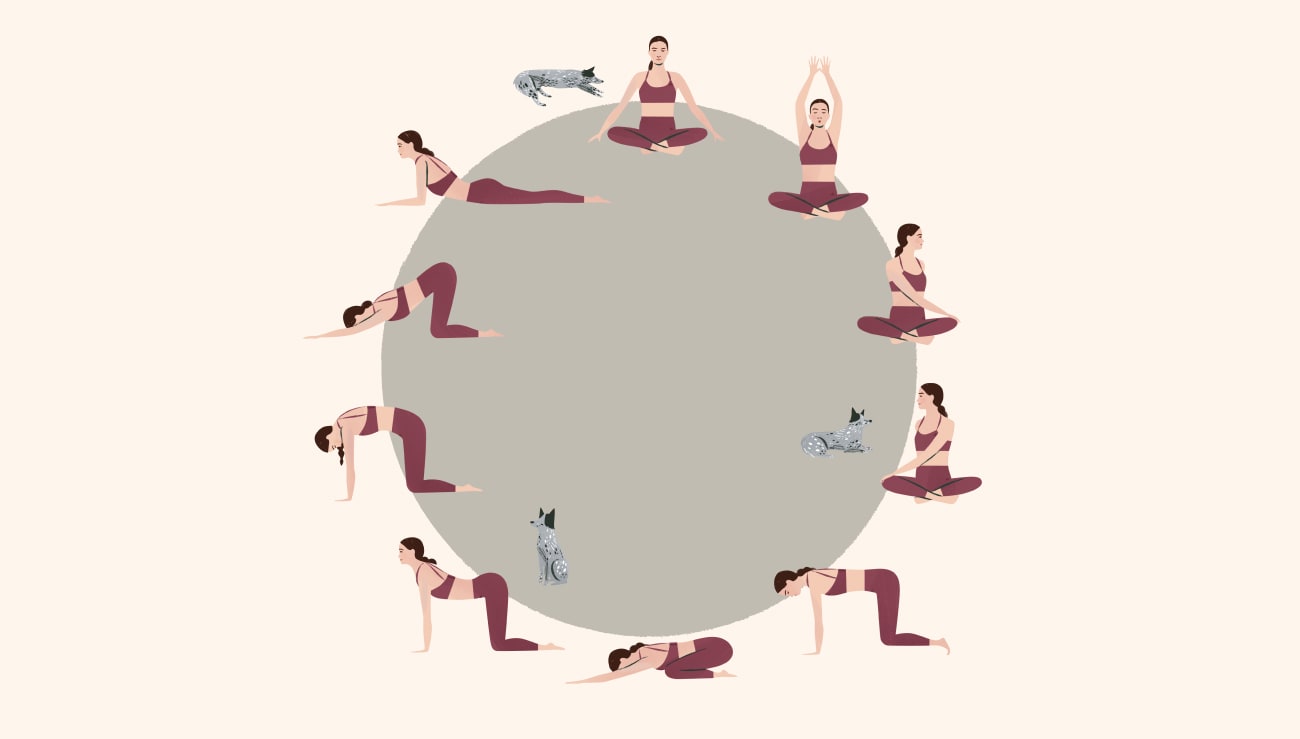 A flow illustration of yoga teacher Adriene Mishler in 10 poses, wearing the collection's Earth outfit of matching sports bra and leggings.