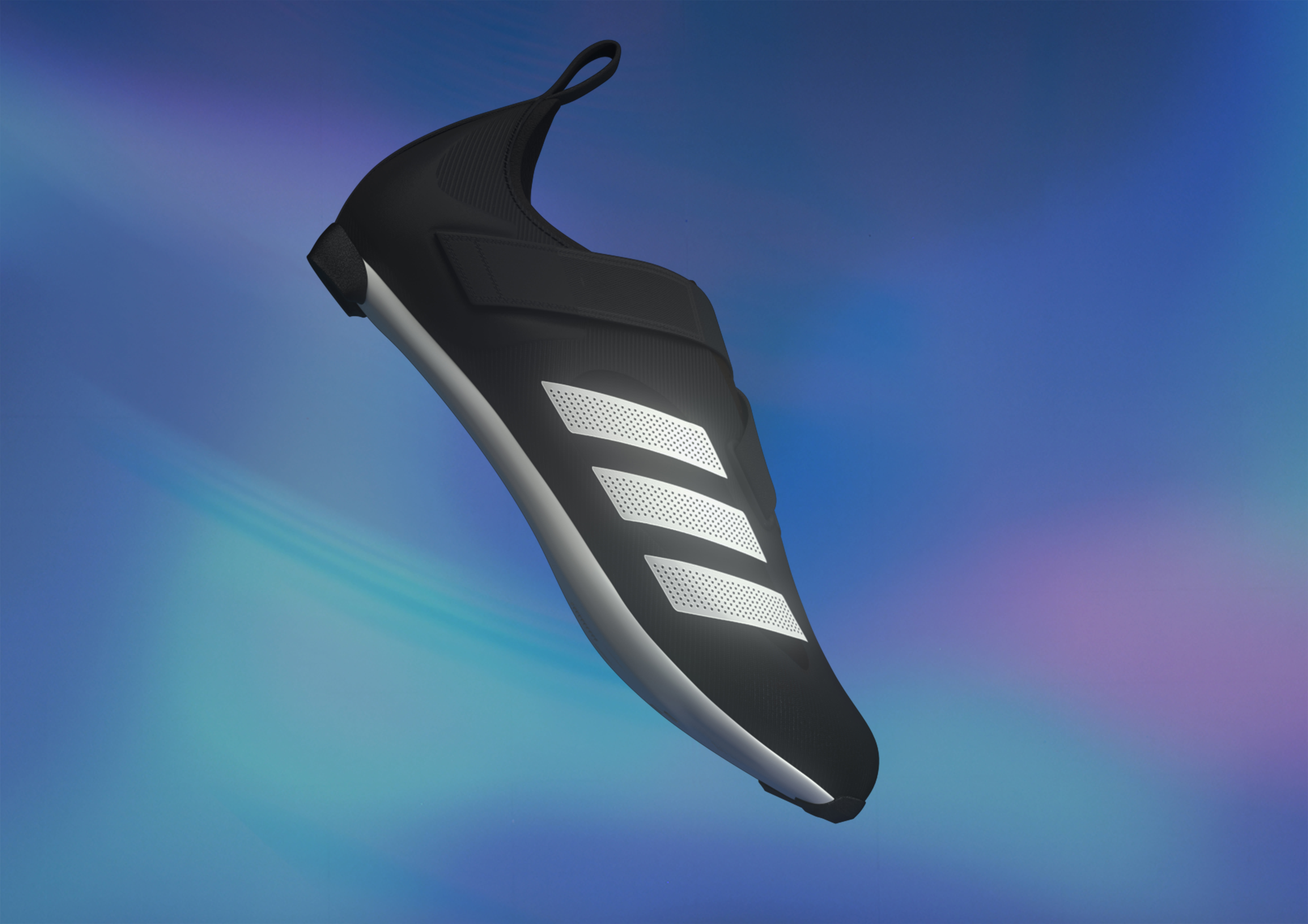 An indoor cycling shoe floating with a blue background.