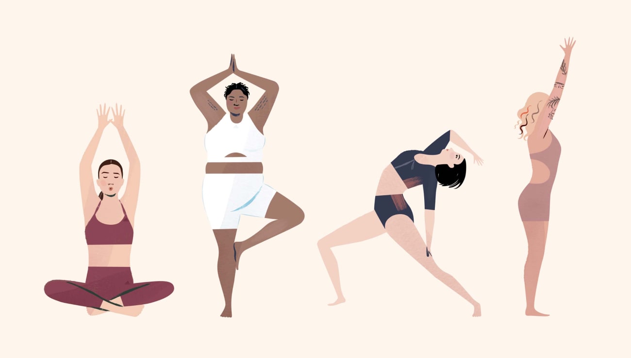 An illustration of four women in yoga poses, wearing the Earth, Wind, Water, Fire looks from the Make Space yoga collection.