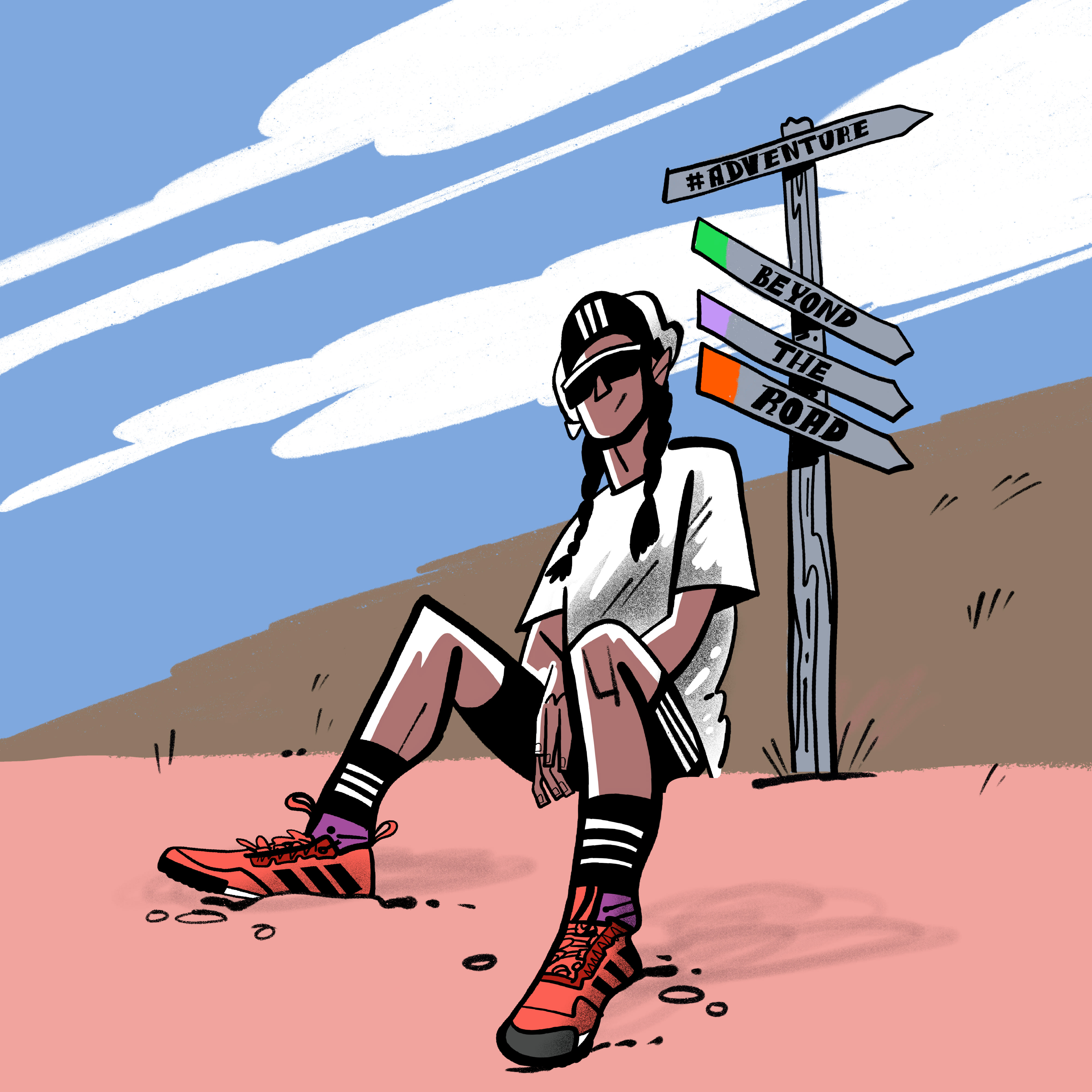A colourful illustration of a person sat against a post that says