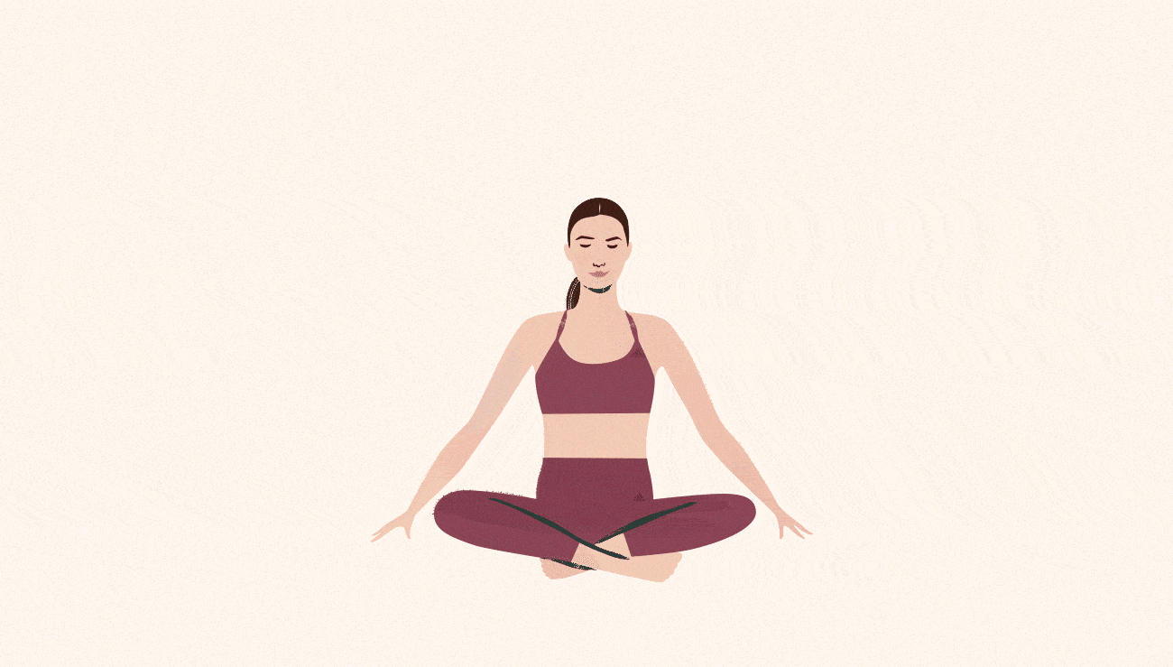Animated illustrations show a woman in various yoga poses, wearing a sports bra and leggings from the Make Space yoga collection.