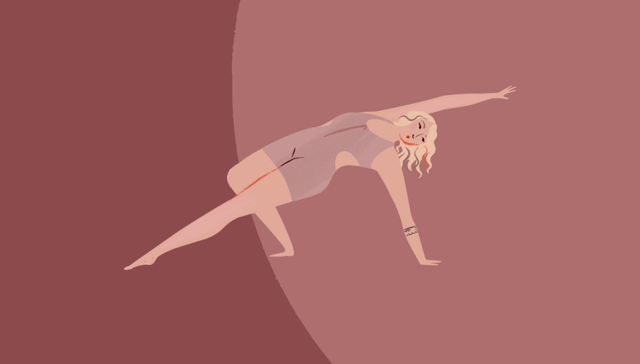 An illustration of a woman holding a yoga pose and wearing the yoga onesie from the Make Space yoga collection.