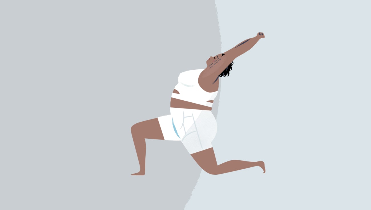 An illustration of a woman holding a yoga pose, wearing a sports bra and shorts look from the Make Space yoga collection.