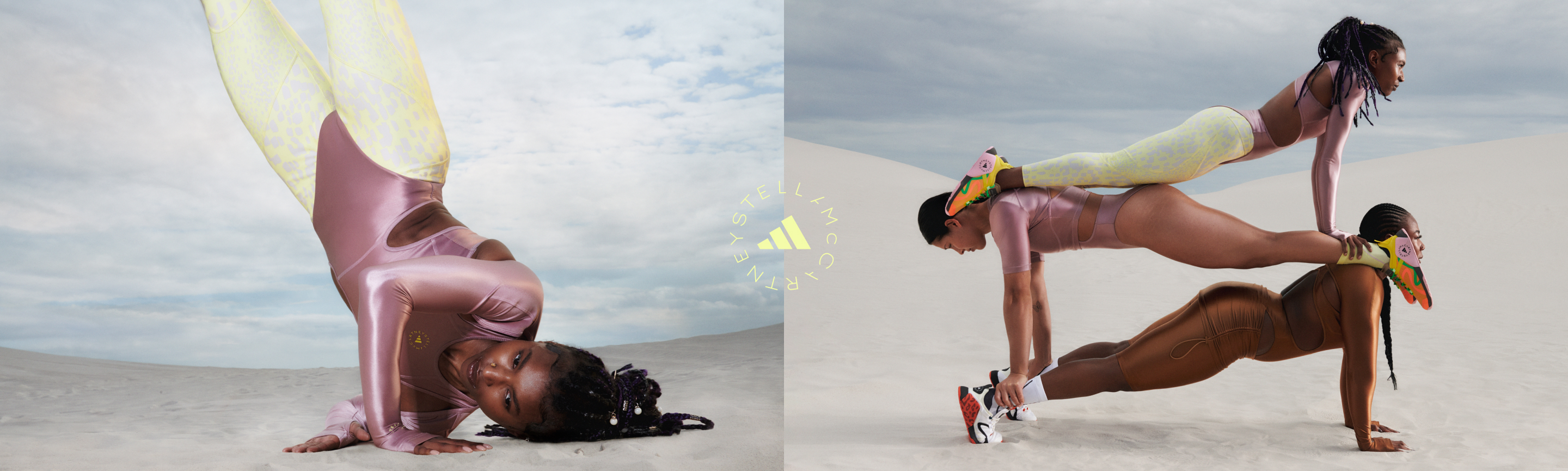 Two images showing women wearing items from the latest adidas by Stella McCartney SS24 collection whilst partaking in strength training activities.