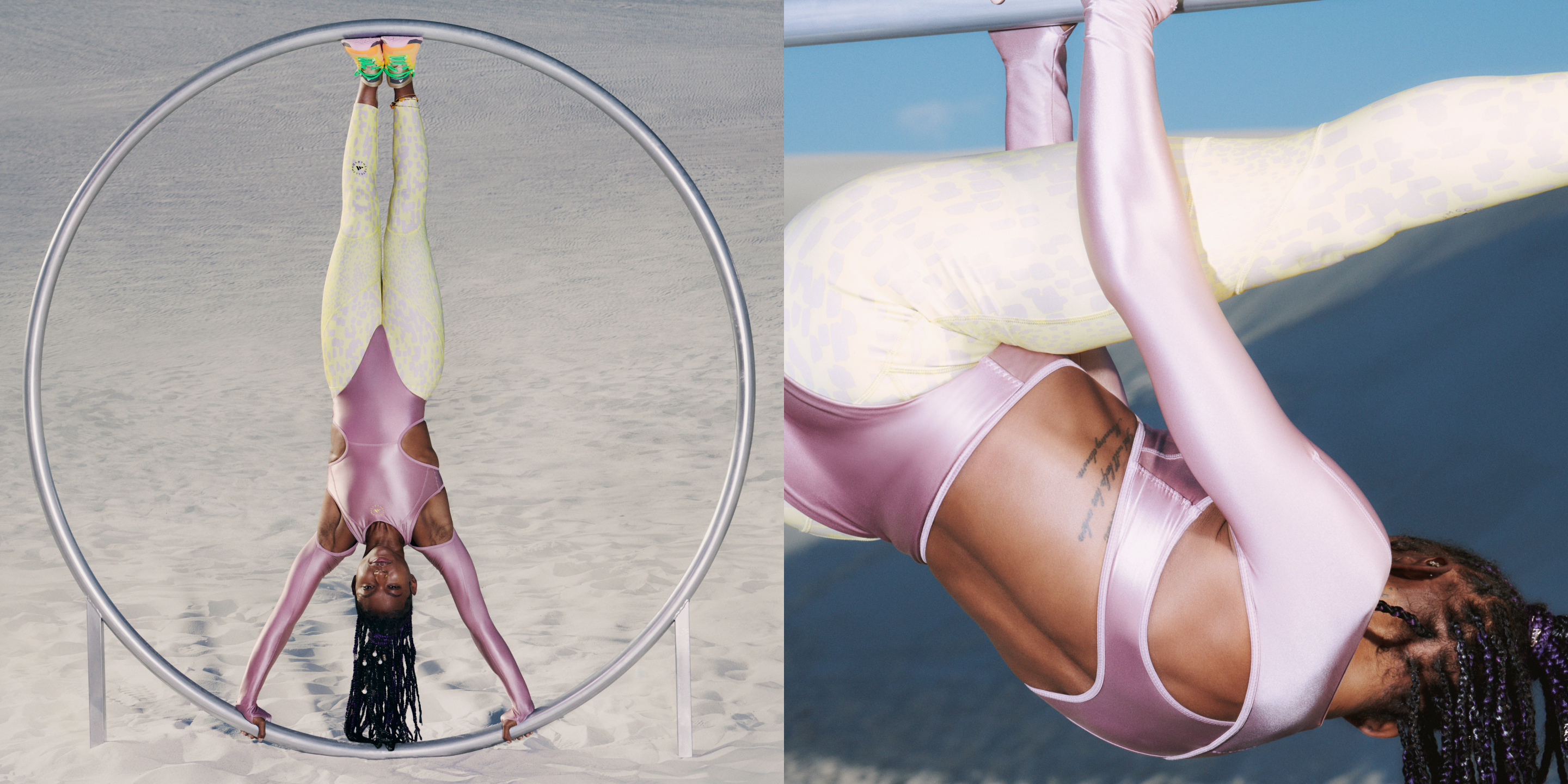 Two images showing a female wearing the pink leotard and yellow leggings from the adidas by Stella McCartney SS24 collection. In the first image she does a handstand on a circular metal bar.