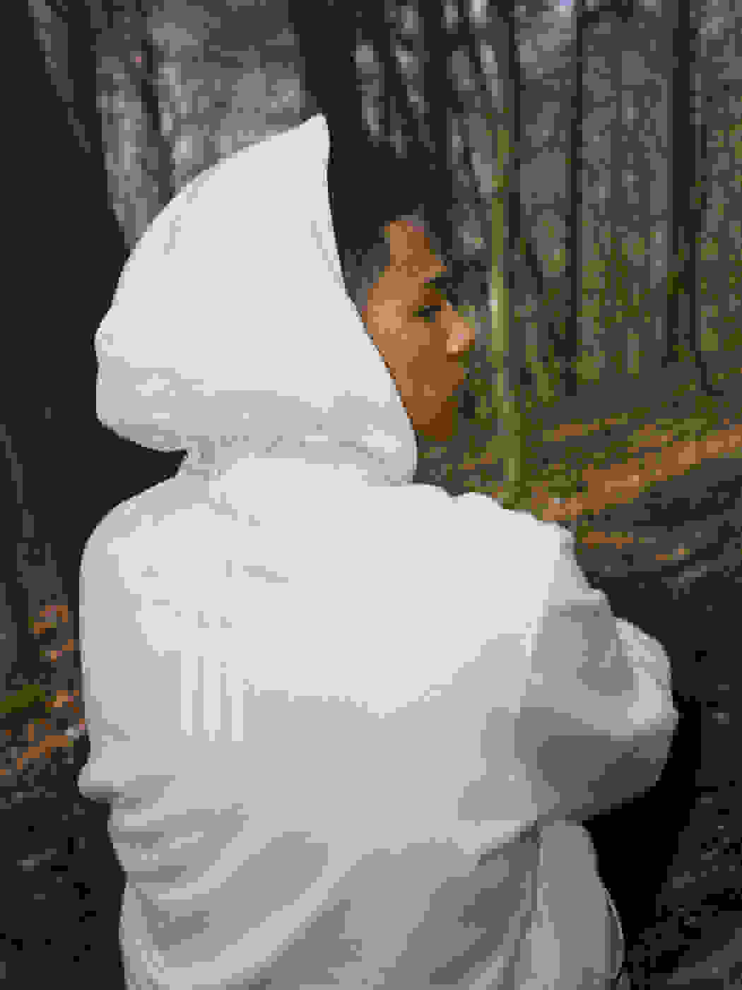 male model wearing the HS1 hoodie on a hike between trees