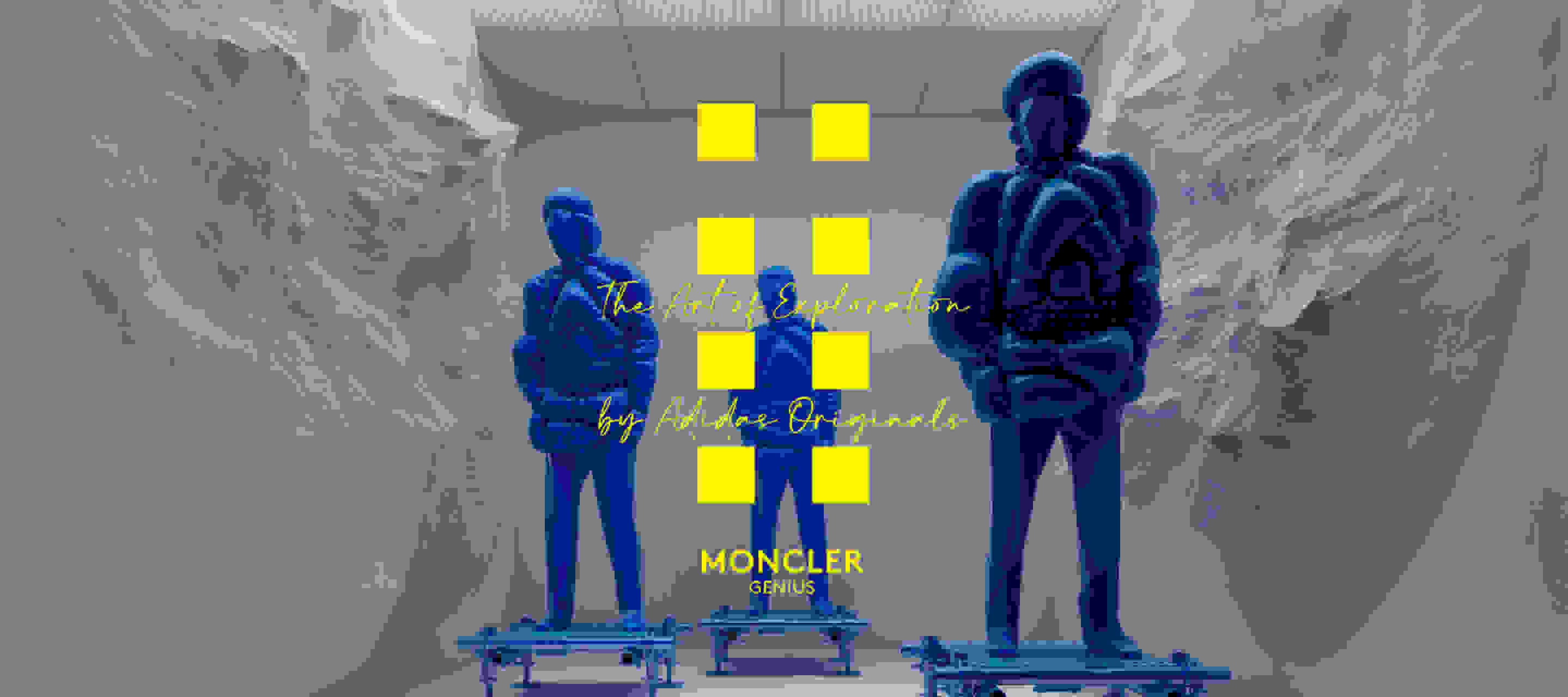 Der Schriftzug „The Art of Exploration by adidas Originals“ über dem Moncler Genius Logo vor einem Hintergrund aus Kampagnenbildern.