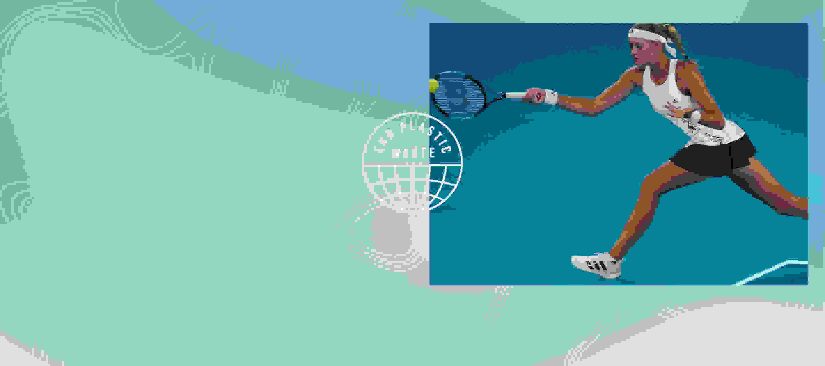 Kristina Mladenovic striking a tennis ball in Parley Ubersonic shoes and Parley tennis apparel