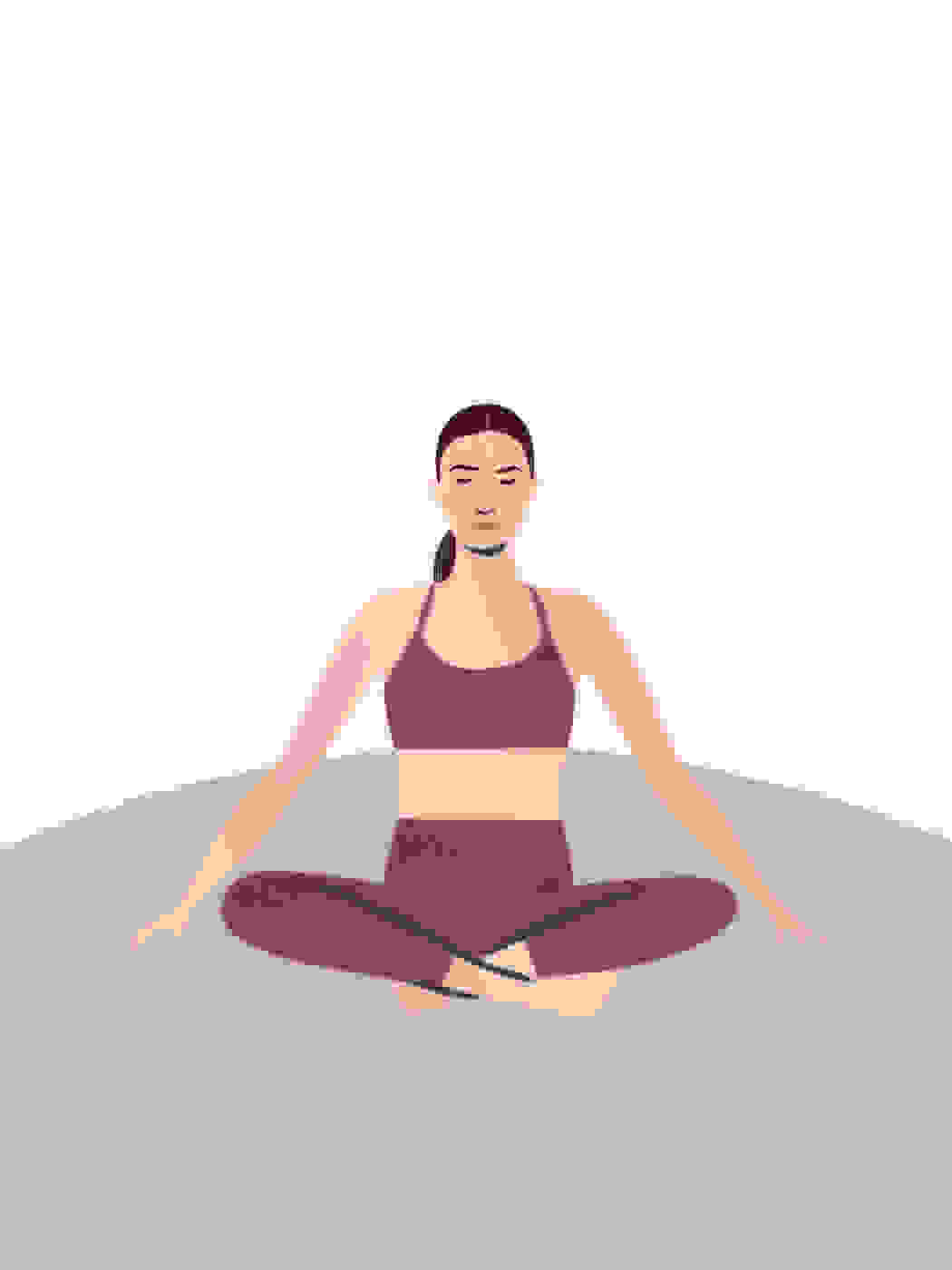 A seated illustration of yogi Adriene Mishler, wearing a matching sports bra and leggings from the Make Space yoga collection.