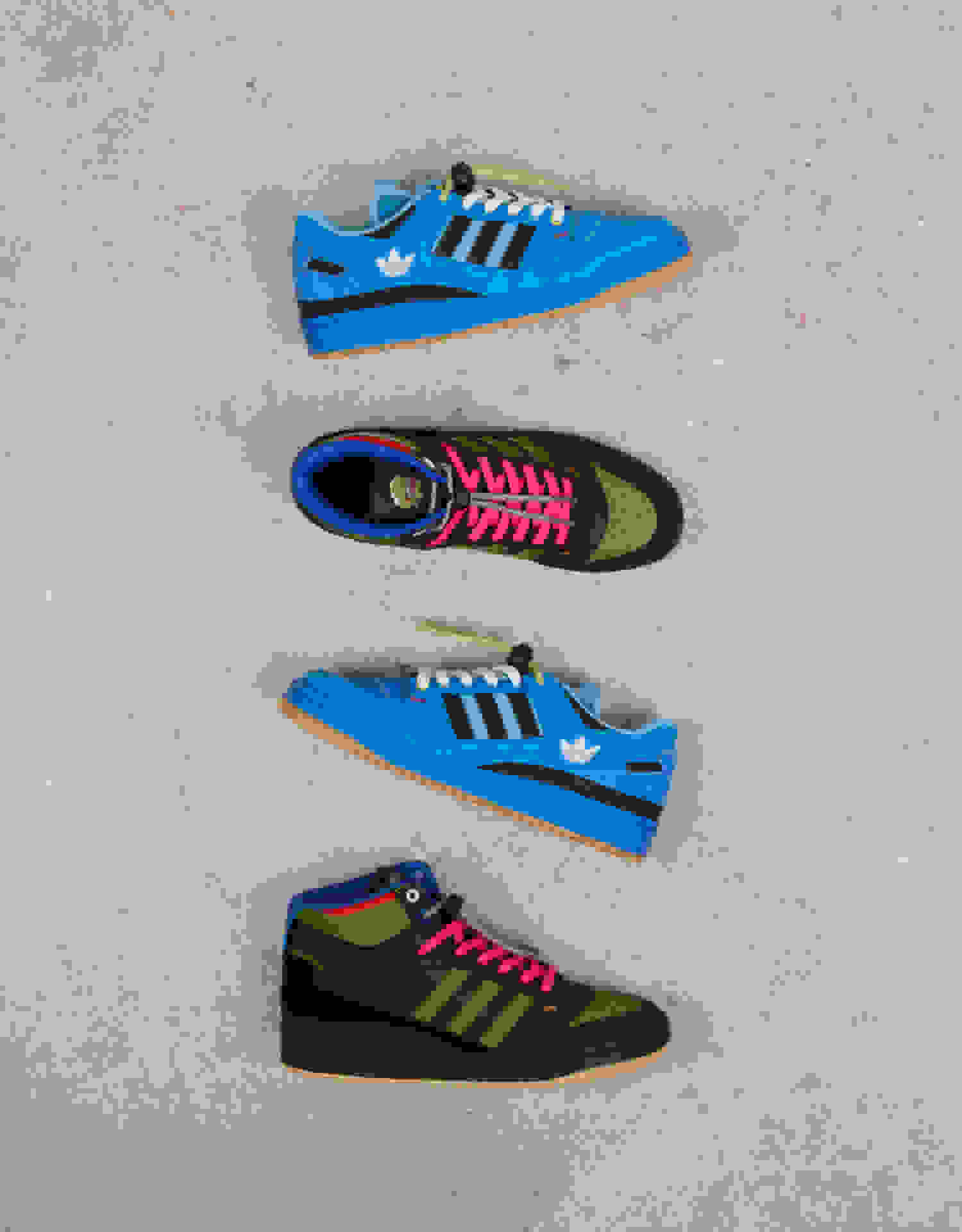 Close-up of adidas Originals Hebru Brantley Forum Low and Forum High shoes.