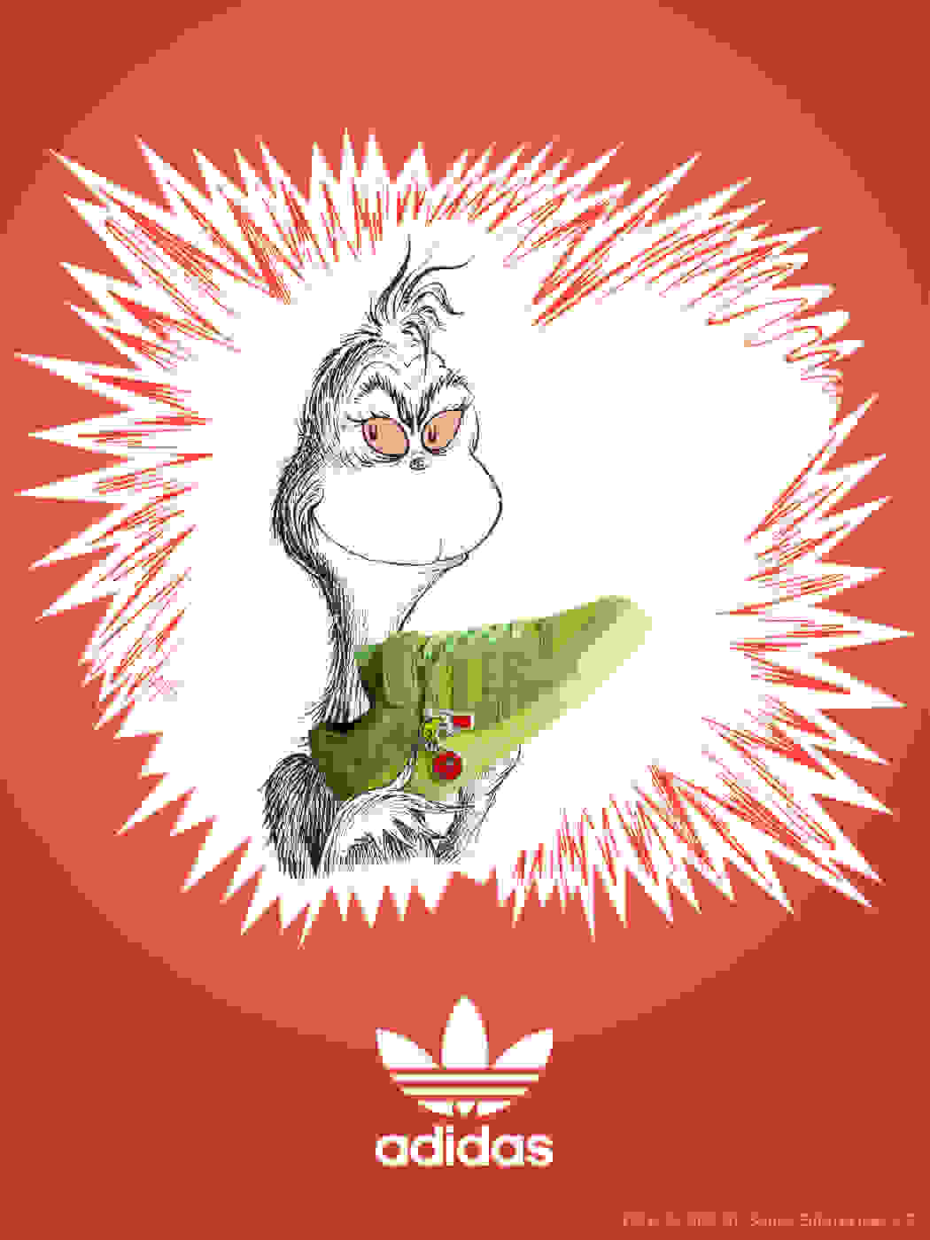 A red background with a pencil drawing of the Grinch holding the green Forum sneaker.