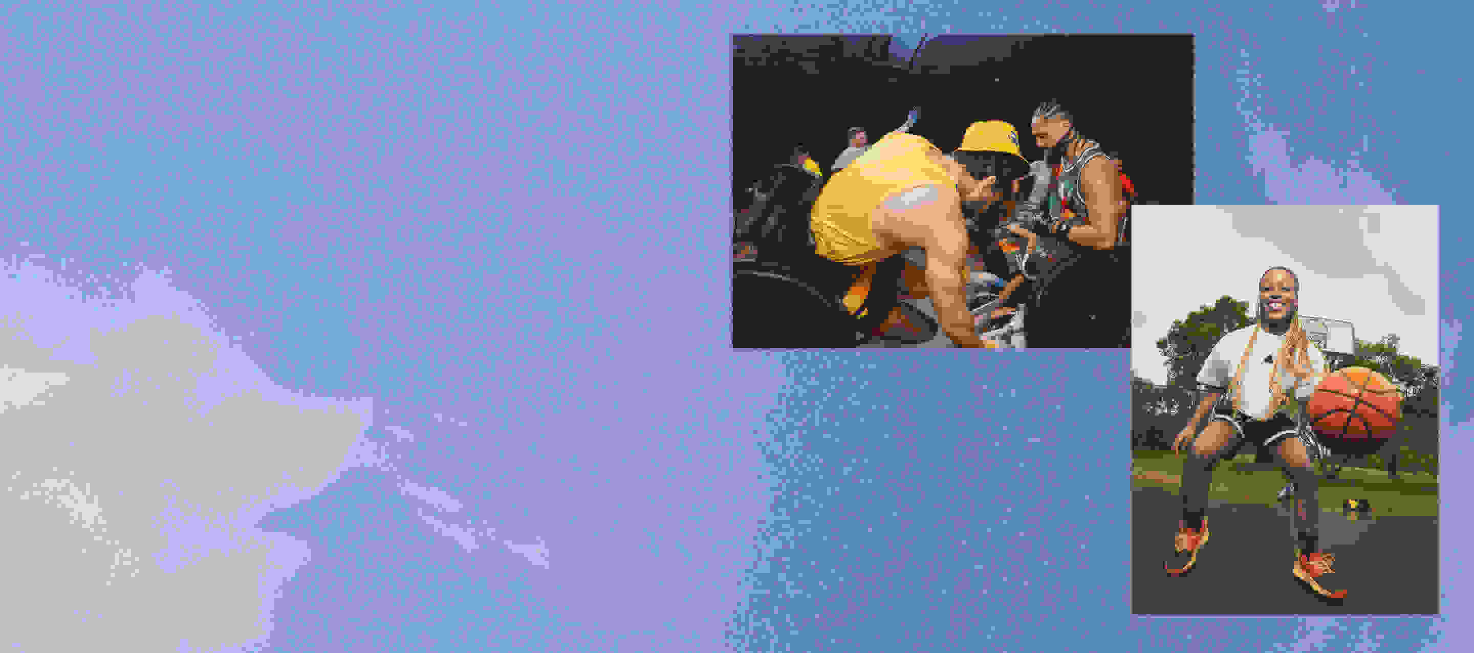 Two pictures overlapping. One of two in wheelchairs playing basketball and the other of a woman playing basketball.