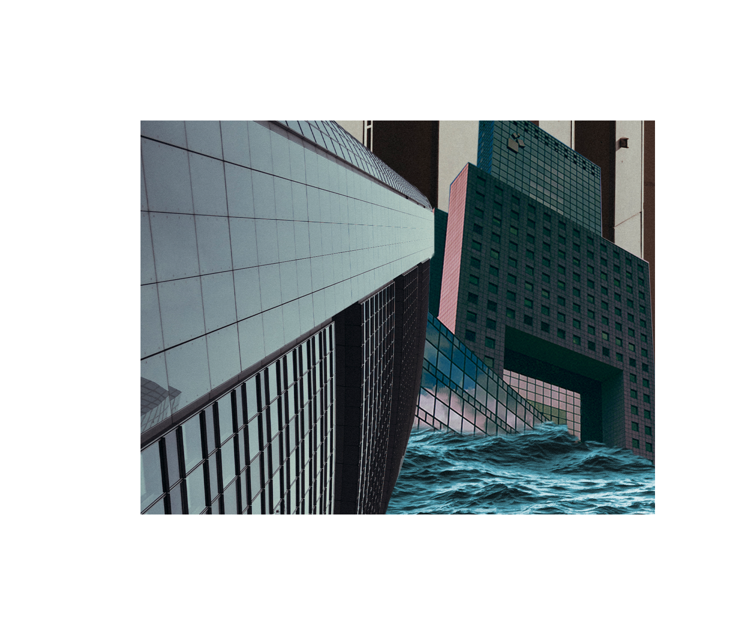 Ocean waves flowing between city buildings