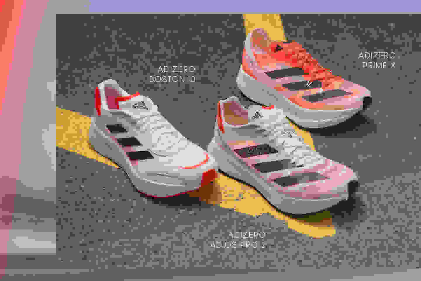 Adizero running shoes on the street with text