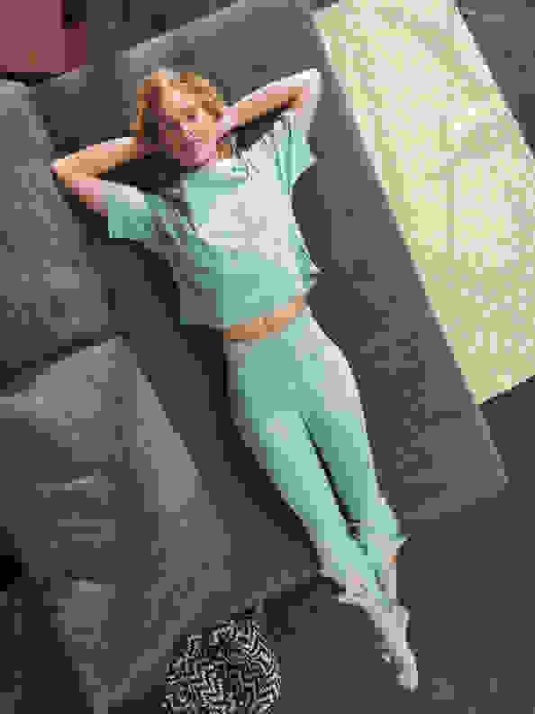 An image collection of a women doing her workout and her relaxing afterwards at home.