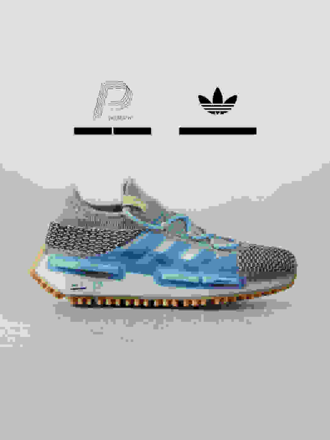 Side view of the shoe, showing the textured knitted upper, blue lace-up and Three Stripes, logo prints on the midsole and a grip outsole.