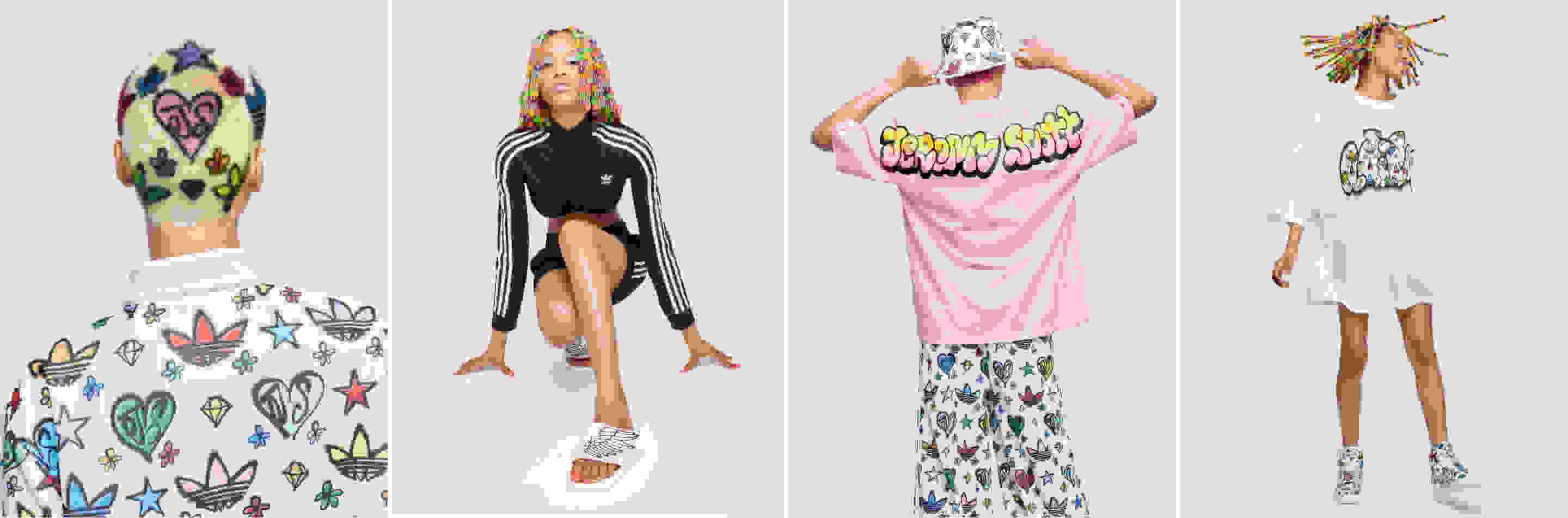 Four images of models in movement wearing the Jeremy Scott Monogram collection head to toe.