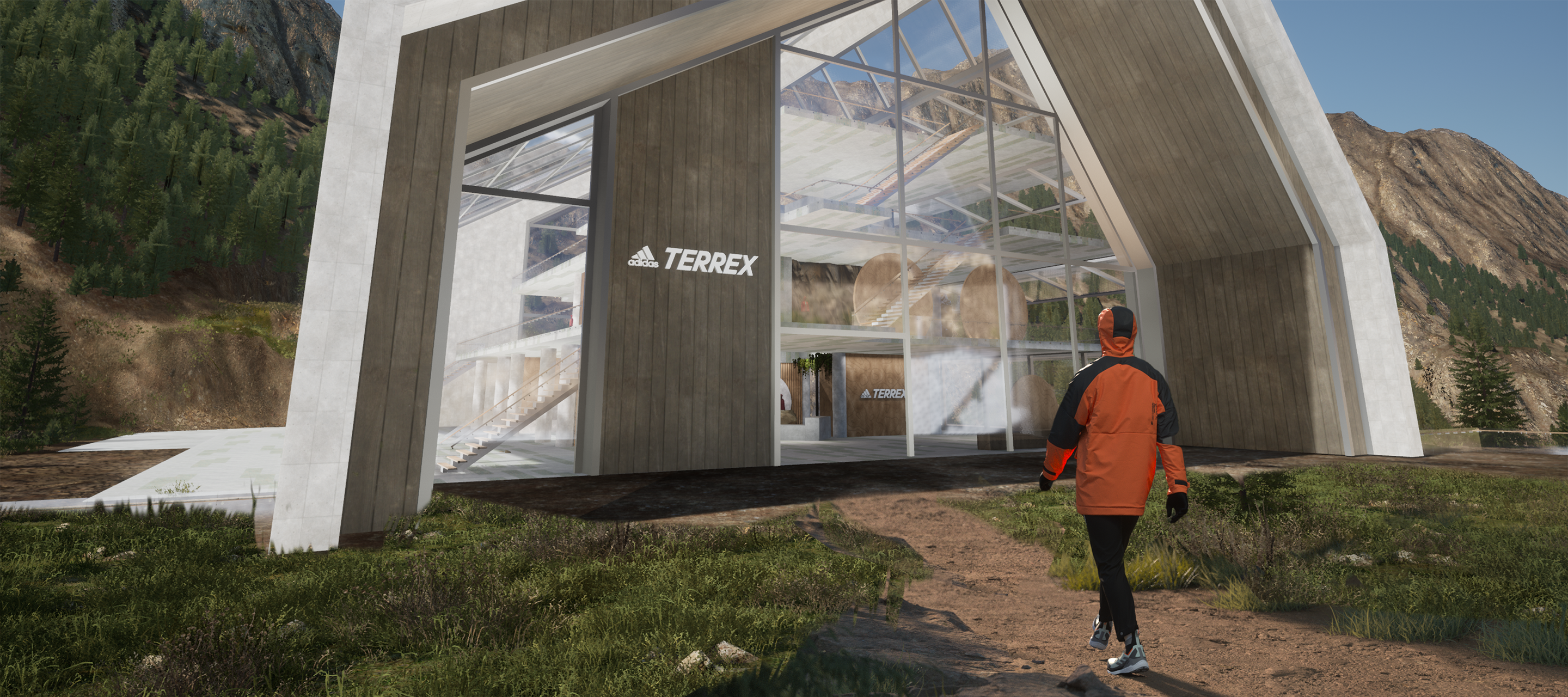 An animated image of the Terrex Mountain Loft and a visitor