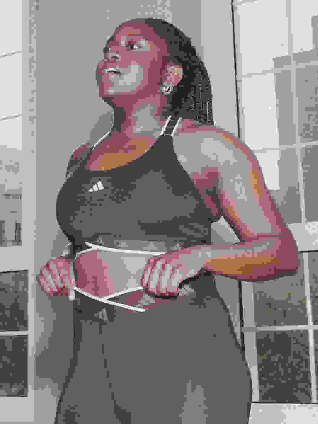Image of a plus-sized model wearing plum bra and tights co-ord