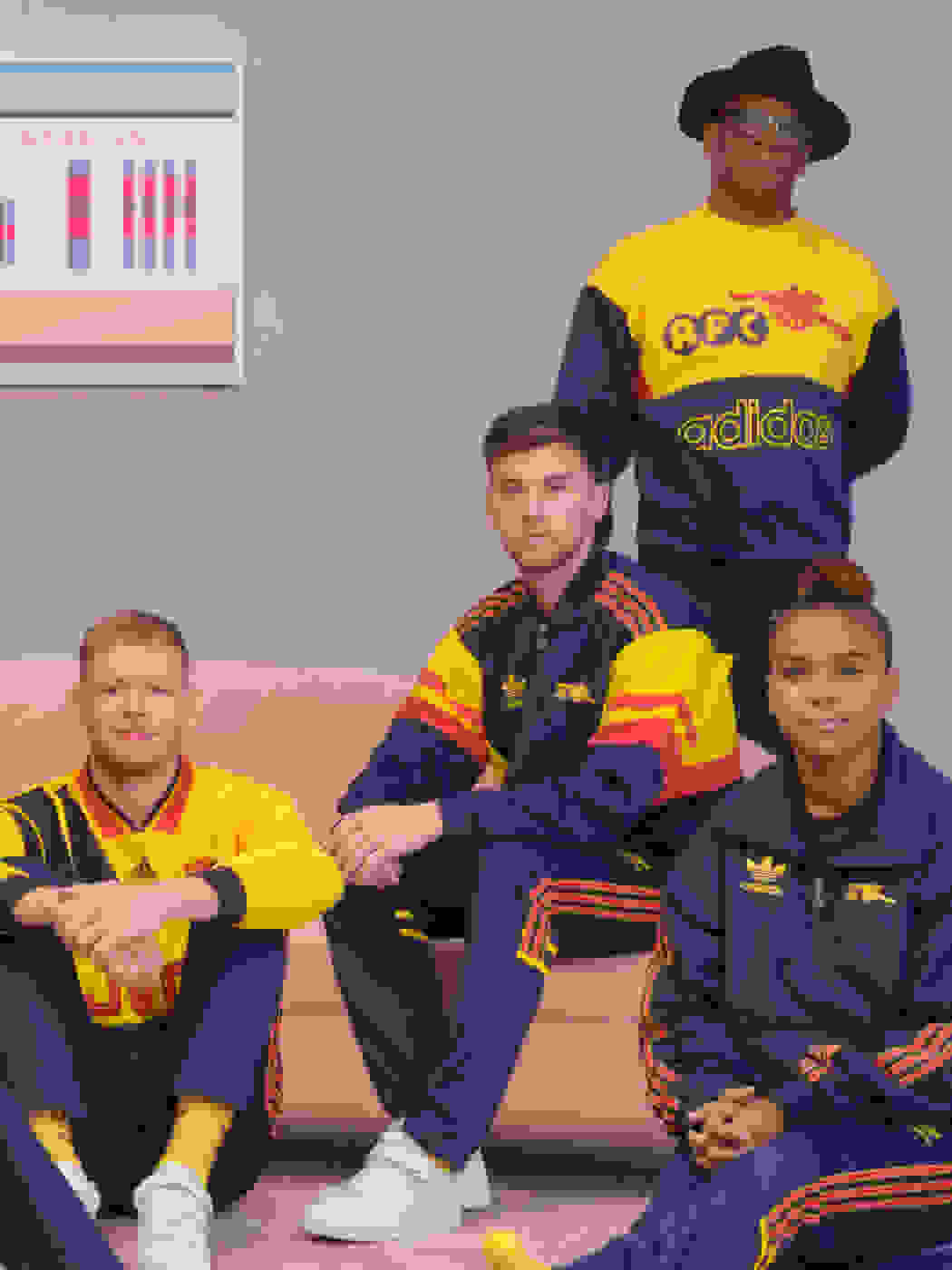 A group of male and female players wearing the Arsenal x adidas Originals collection