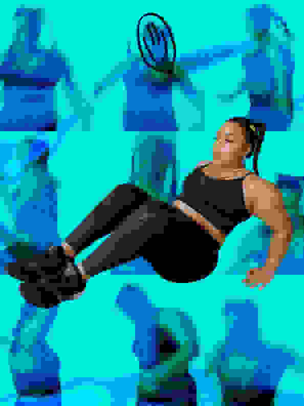 Woman in workout gear on a brightly coloured background, overlaid with smily face graphics.
