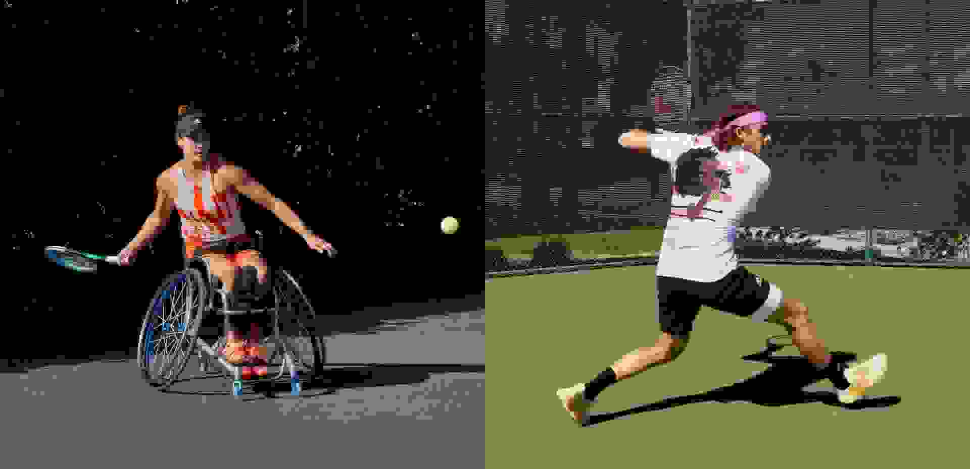 images of Mathewson and Tsitsipas playing tennis