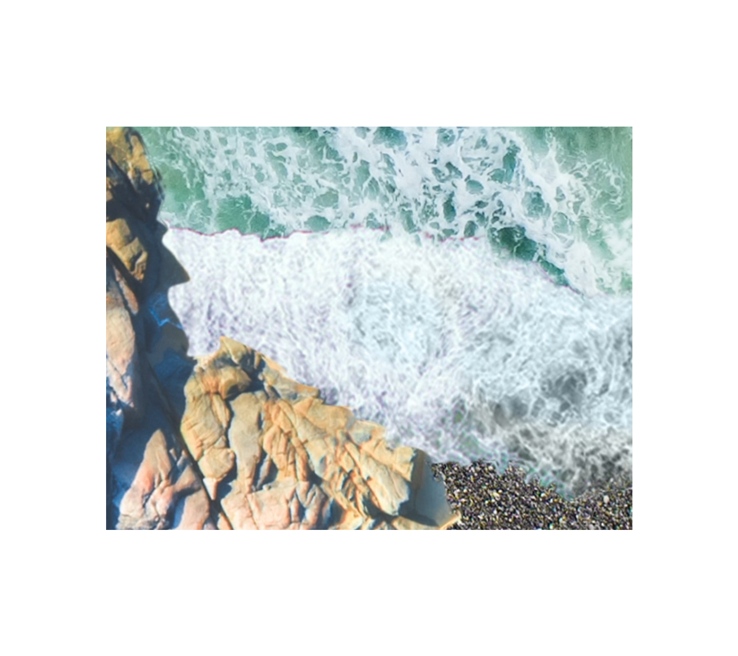 An ocean shore with white waves in motion