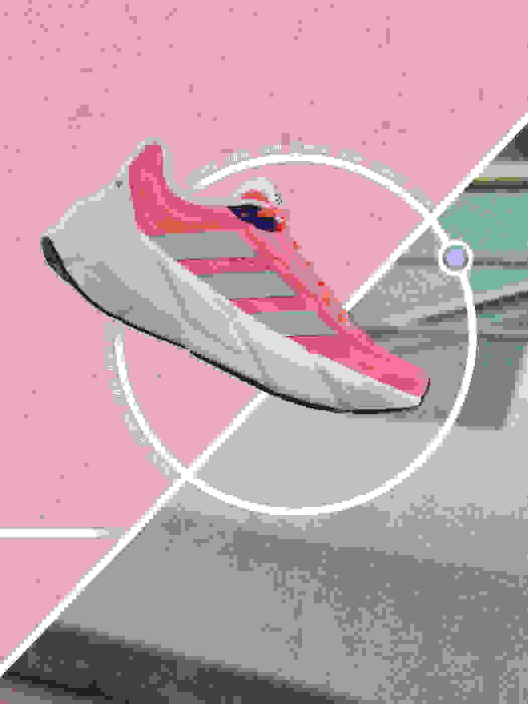 Adistar adidas running shoe superimposed over a split-screen of a pink background and alternating landscapes.