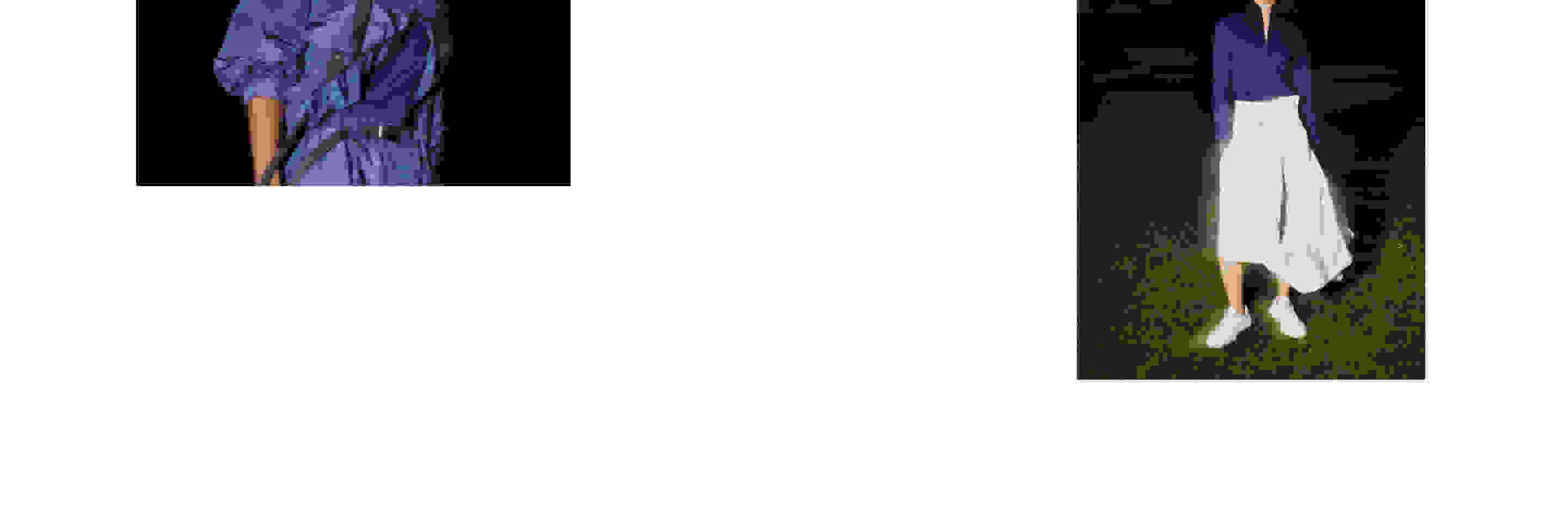 A blurred scene in nature at dusk. In the foreground, a model wears a blue top and billowing white trousers from the Y-3 SS21 collection.