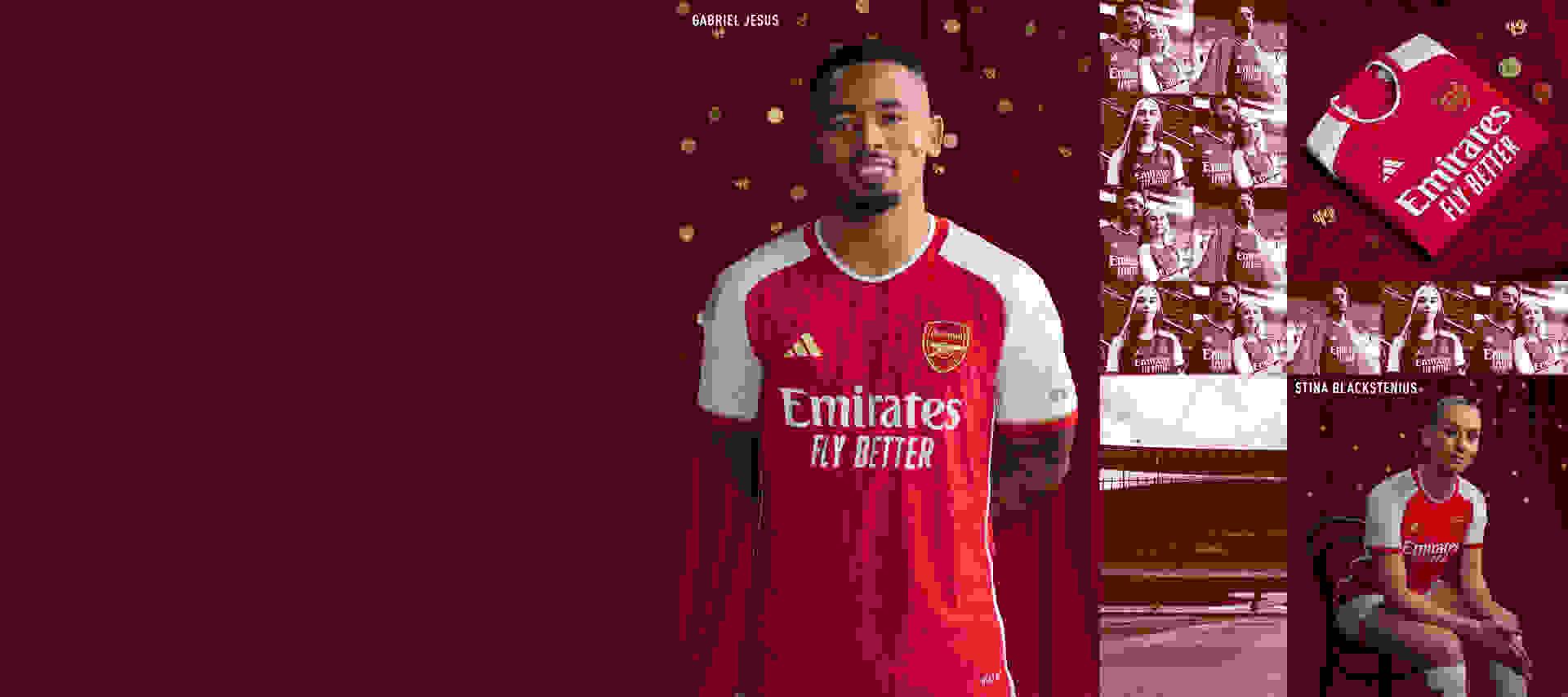Visual composition featuring a Male and Female Arsenal pro players wearing the new 23/24 Arsenal Home kit.