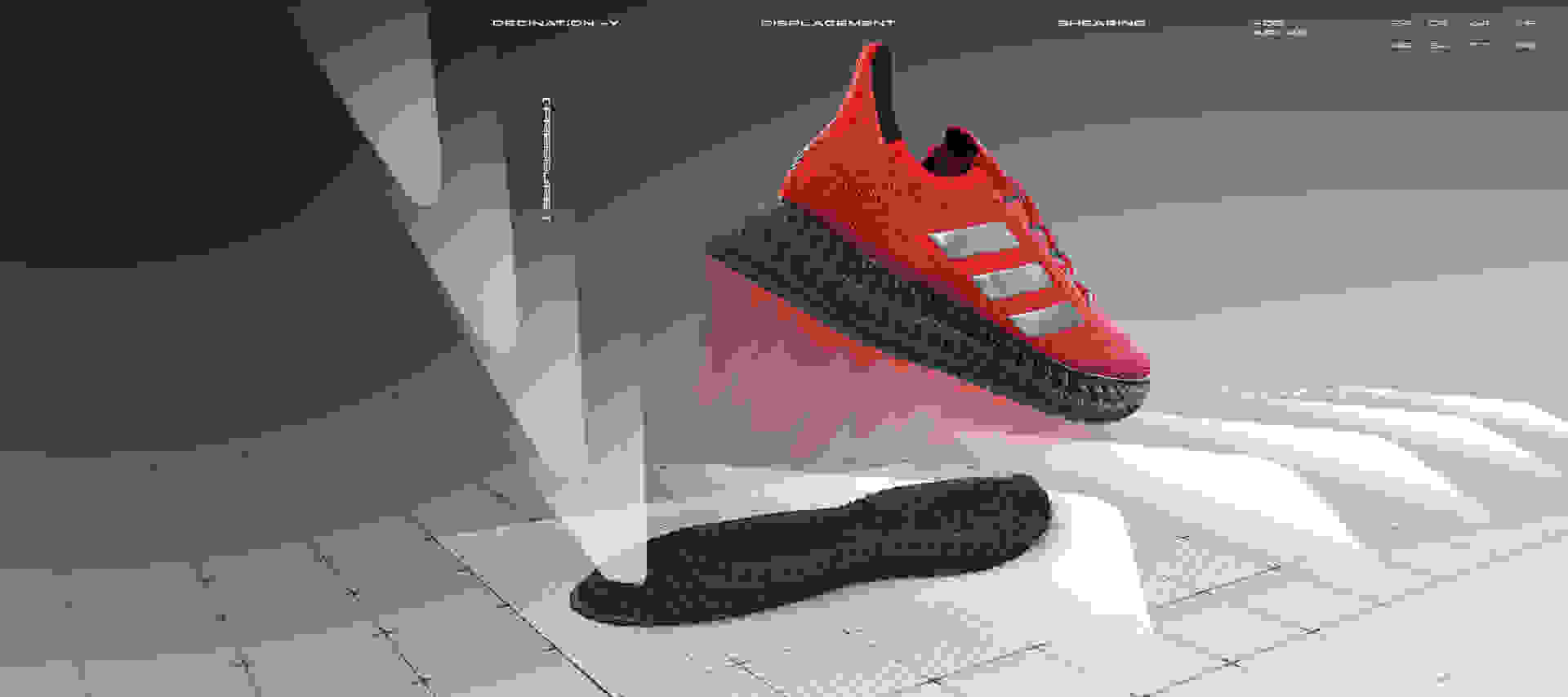 The 4DFWD running shoe stepping forward while a seperate 3D printed lattice midsole shears forward underneath the shoe.