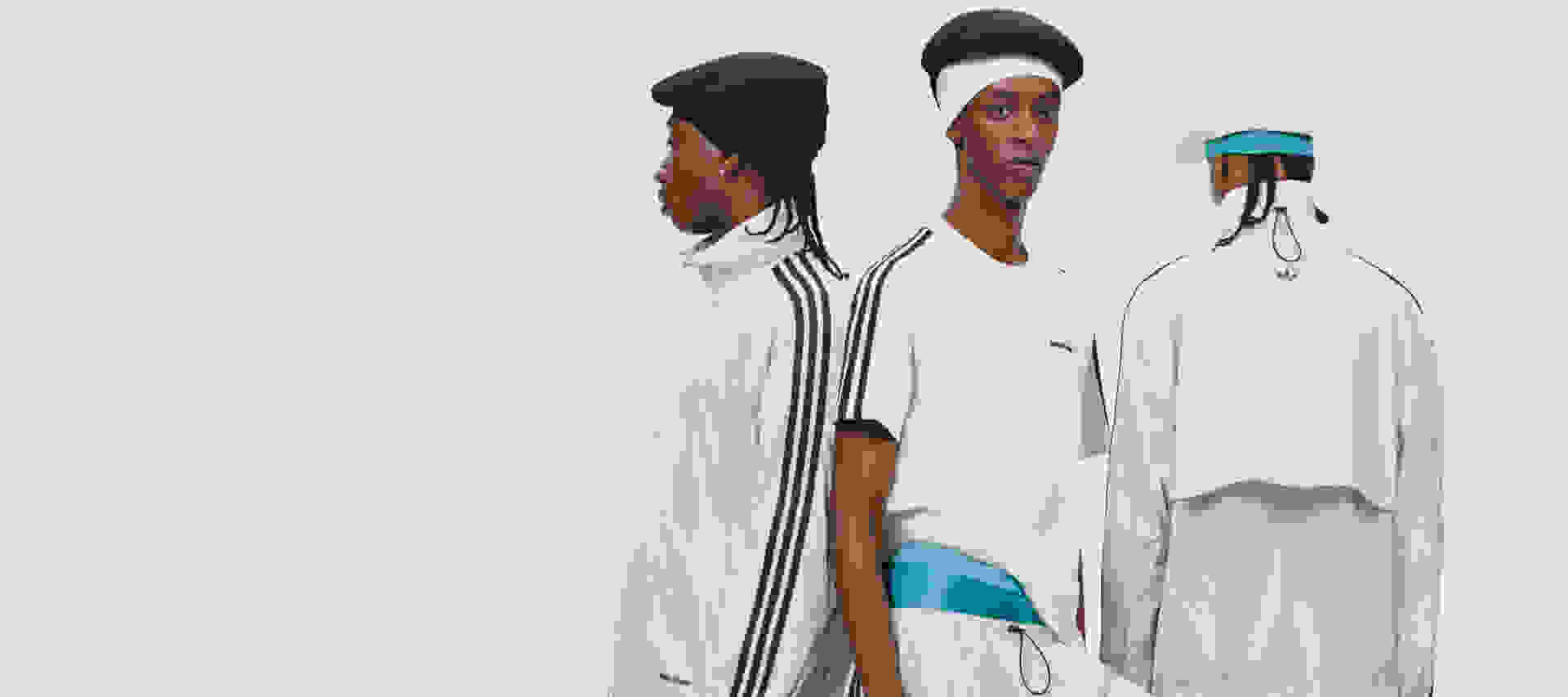 Three models are posing against a white background, all wearing white outfits from the adidas Originals by Wales Bonner collection.