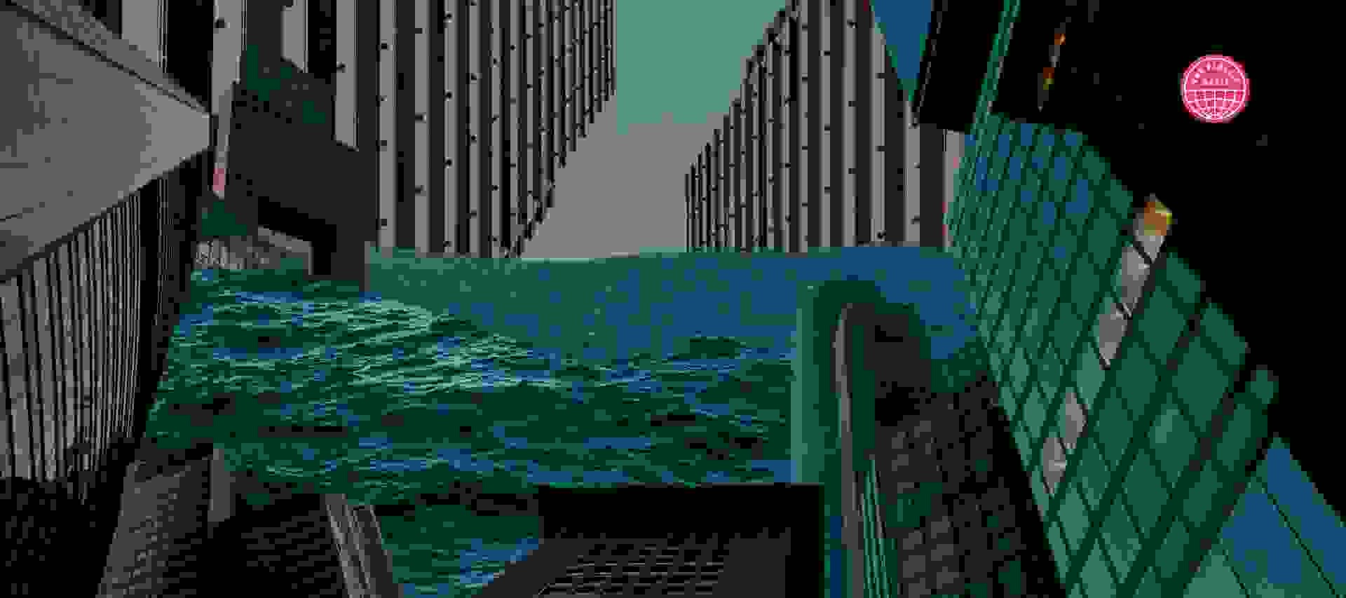 Ocean waves flowing between city buildings