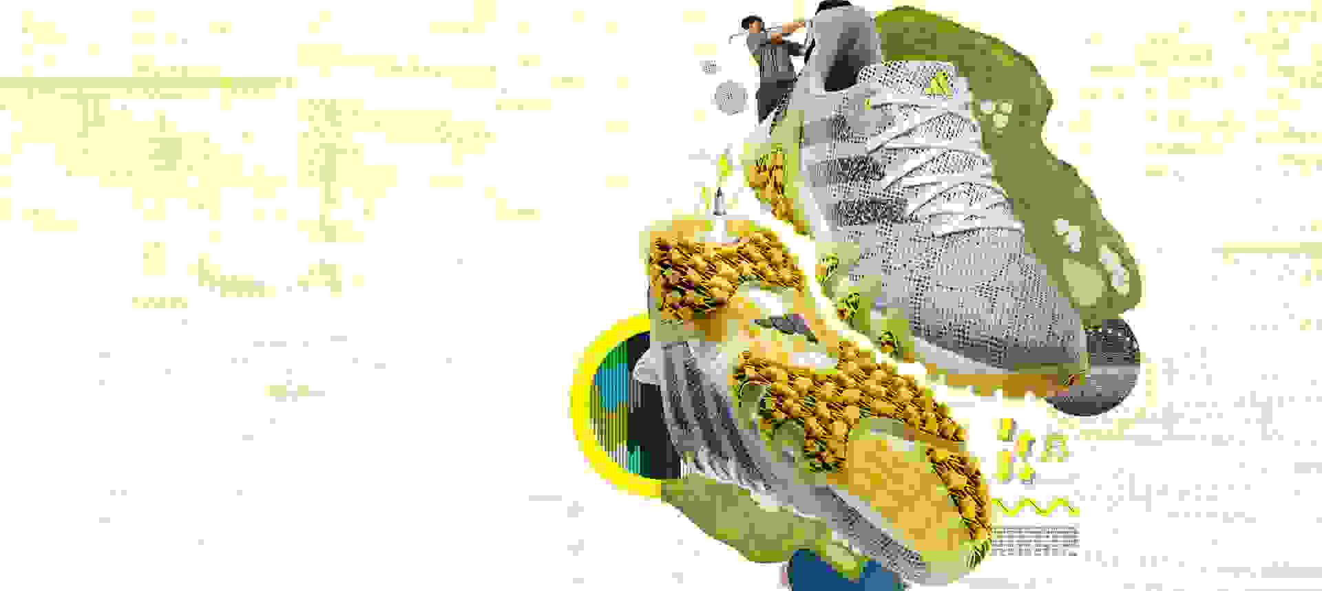 One CODECHAOS22 shoe showing laces, one CODECHAOS22 shoe showing bottom of the shoe surrounded by green and yellow design elements.