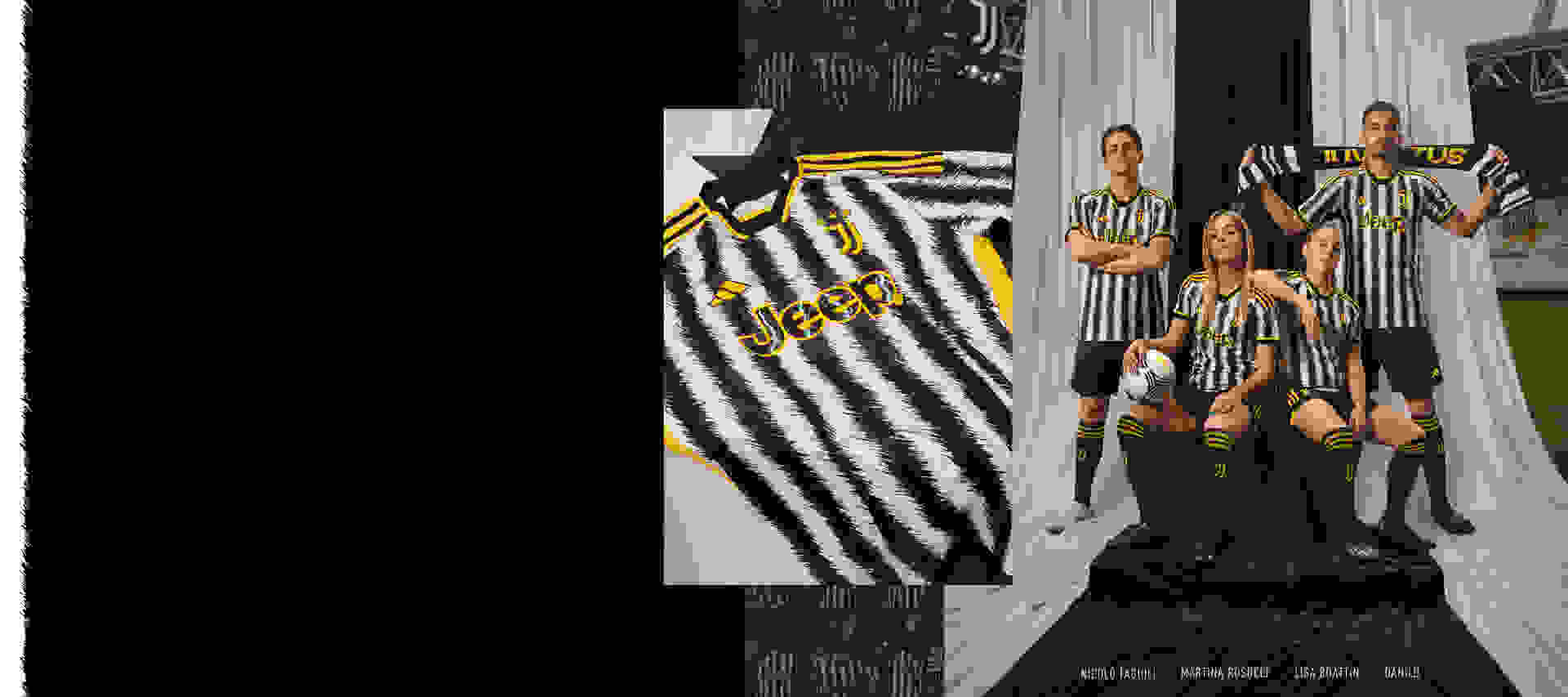 A visual of the Juventus 23/24 Home kit and a group of 2 female and 2 male players wearing the Juventus 23/24 Home Kit