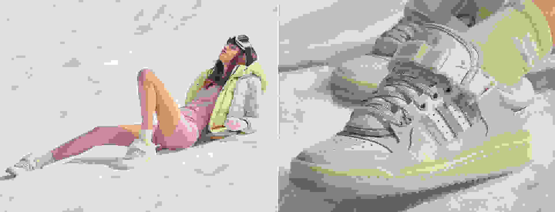 Two images of a model laying in the snow, wearing her Bad Bunny White Forums.